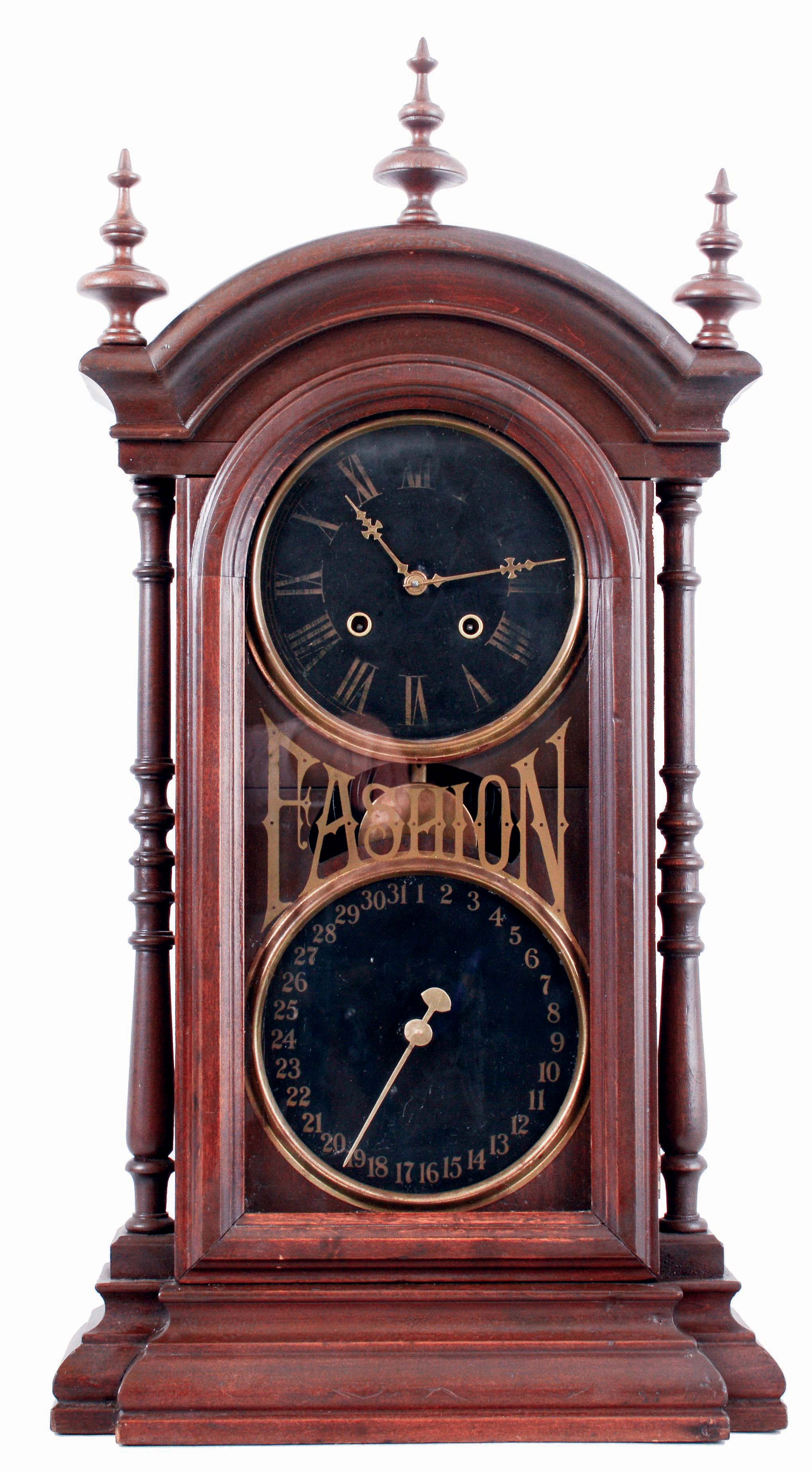 Southern Calendar Clock Co., Saint Louis, MO, "Fashion No. 9" calendar shelf clock in a walnut case with a spring driven, 8 days, time and strike movement (New Haven Clock Co.), c1885. — Antique Clocks Price Guide
