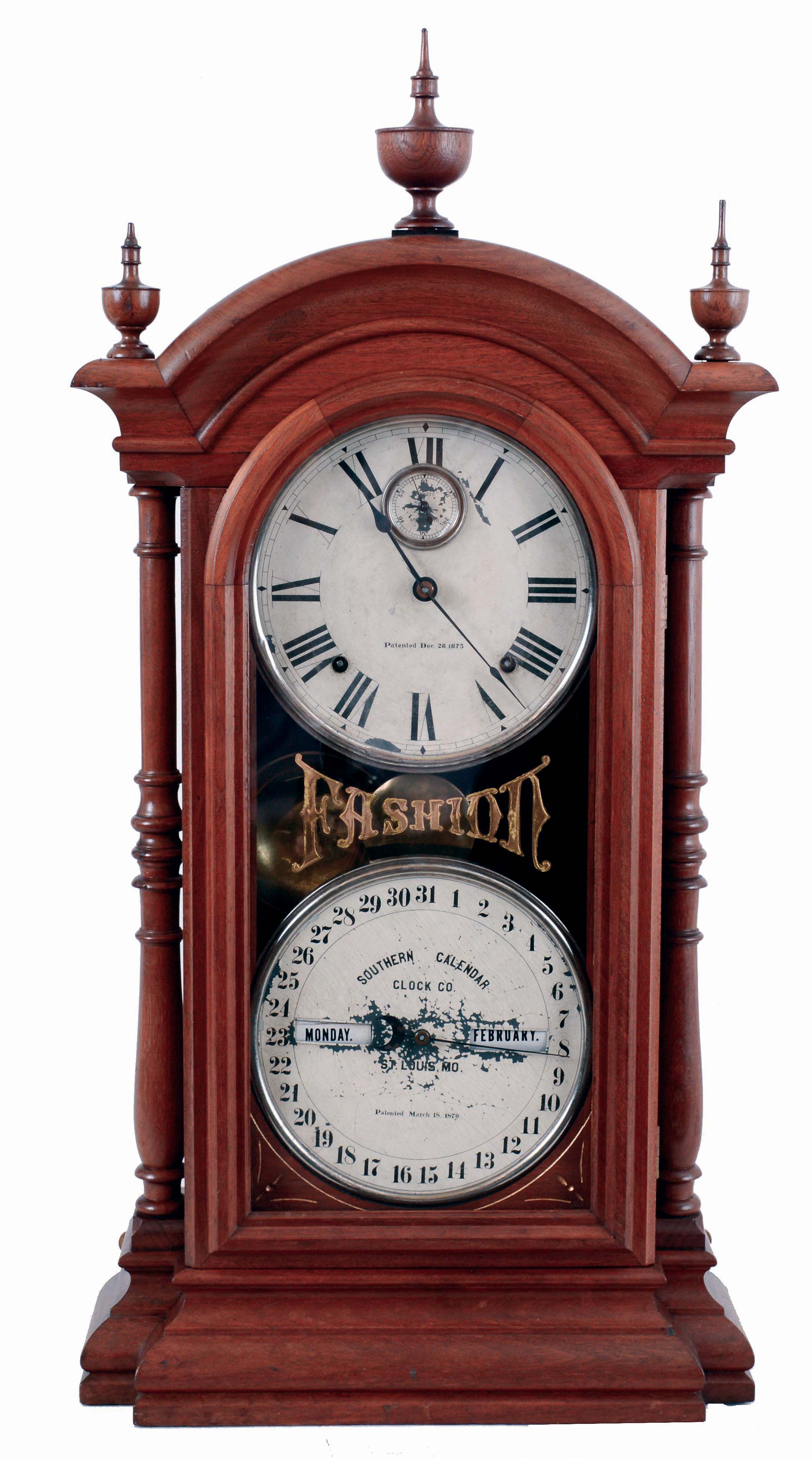 Southern Calendar Clock Co., Saint Louis, MO, "Fashion No. 4" calendar shelf clock in a walnut case with a spring driven, 8 day, time and strike movement (Seth Thomas) and a R. T. Andrews 1876 patent calendar mechanism (Seth Thomas), c1885. — Antique Clocks Price Guide