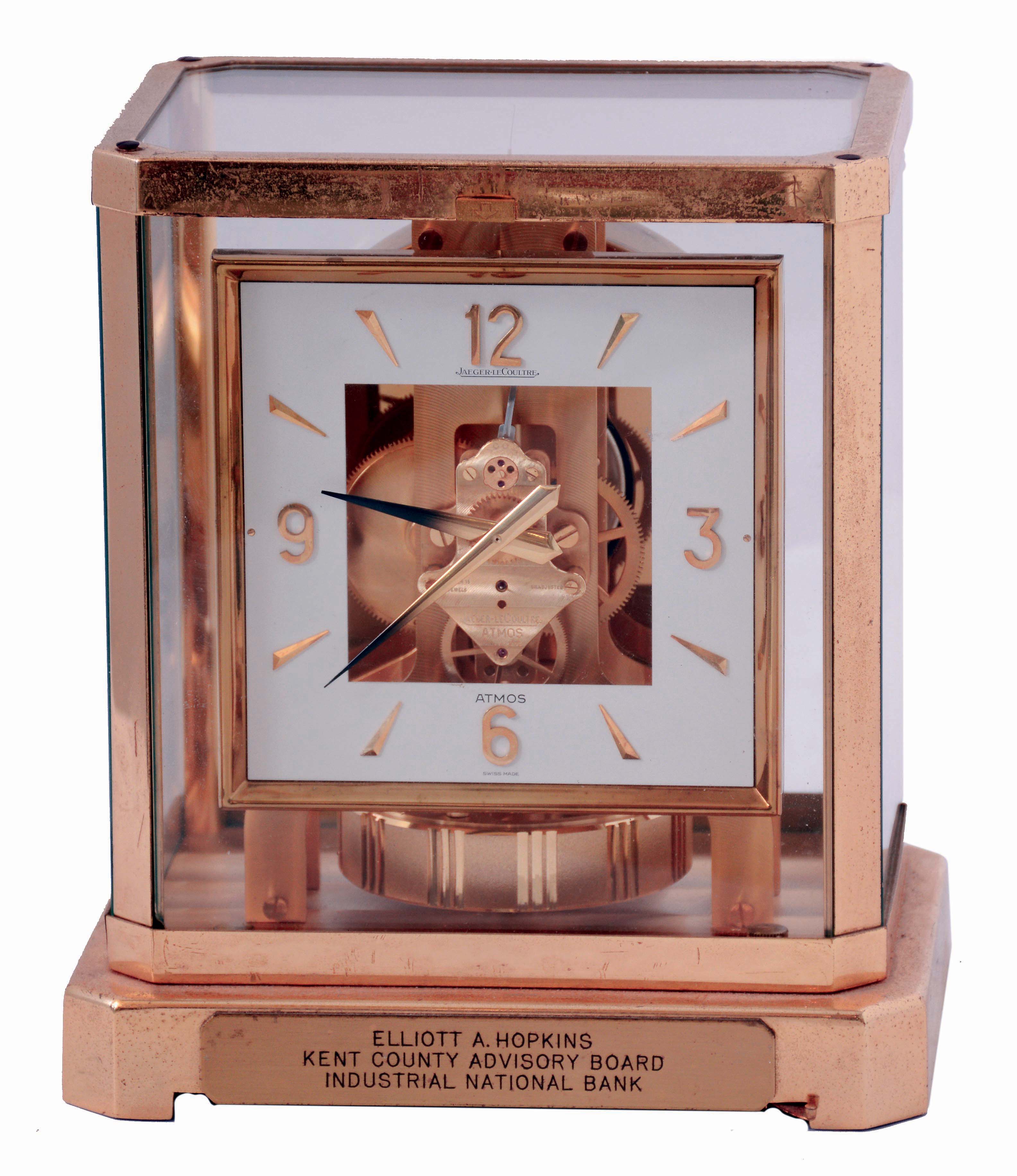 Jaeger- LeCoultre, Swiss "Atmos" 13-jewel glass and gold-plated brass perpetual square-dial mantel clock, 389186, c1975 — Antique Clocks Price Guide