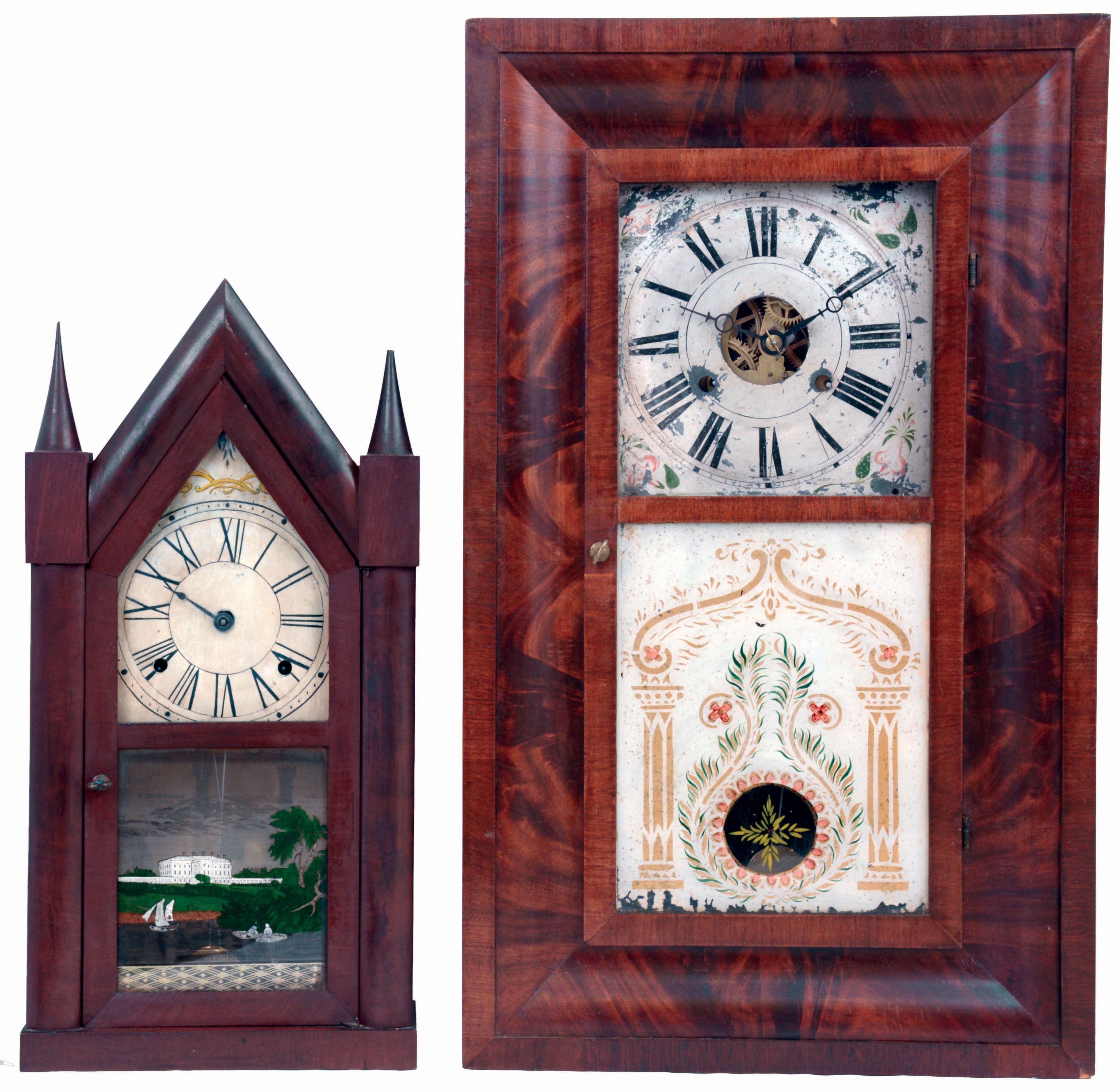Clocks- 2 (Two): (1) J. S. Flet, Portland, Maine, overpasted label on a Brewster &amp; Ingrahams 30 hours, time and strike, brass spring driven movement sharp gothic or steeple clock, c1848. (2) Elisha Manross, Bristol, Conn., 30 hours, time and strike, weight driven brass movement OG shelf clock, c1845. — Antique Clocks Price Guide