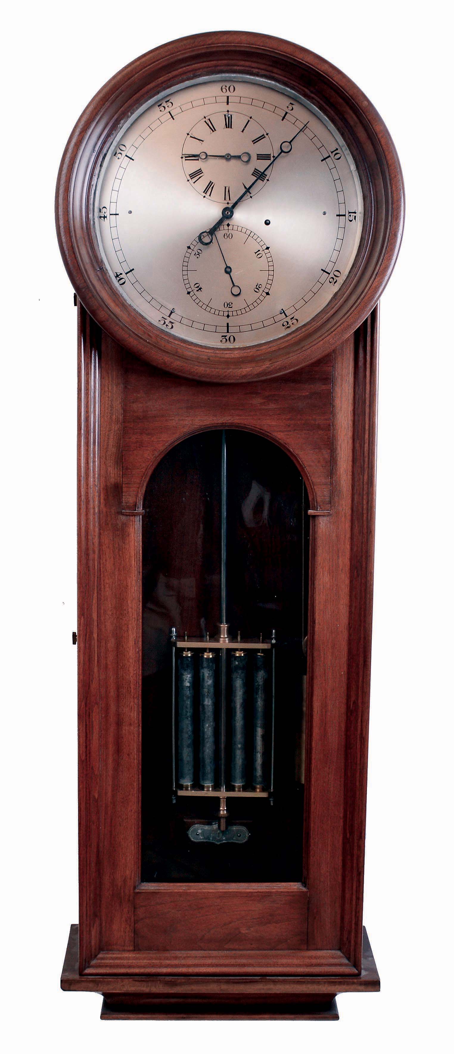 Unsigned Astronomical Regulator, 8 days, time only, weight driven movement in a walnut case with silvered metal dial and four acid etched jar mercury pendulum, c1880 — Antique Clocks Price Guide