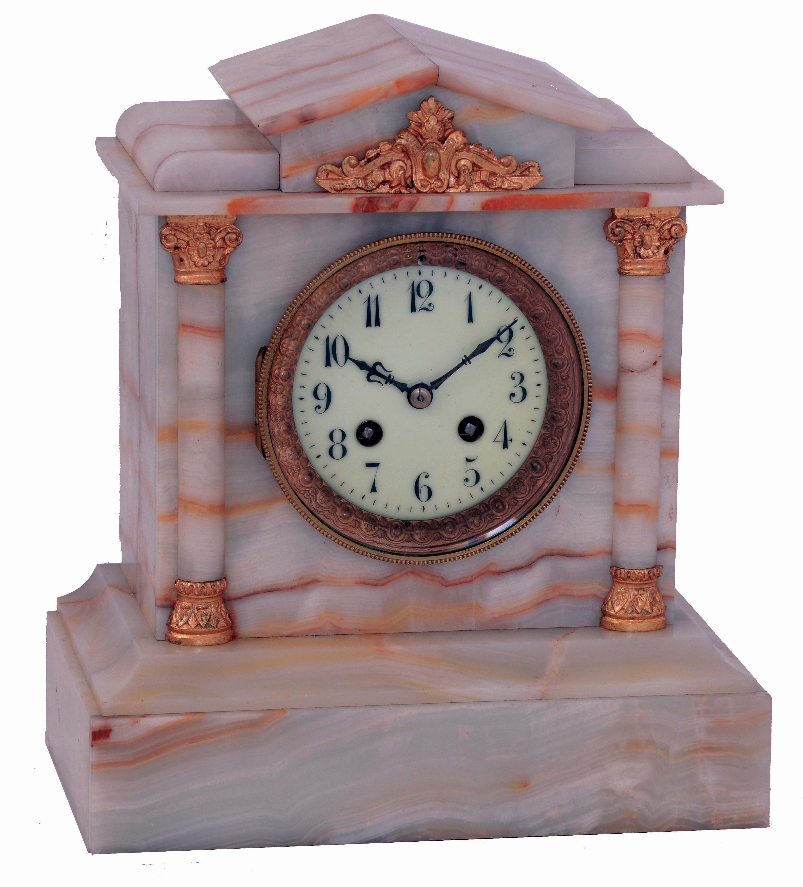 French 8 days, time and strike, mantel clock, S. Marti "Medaille de Bronze" movement in onyx architectural case, c1890 — Antique Clocks Price Guide