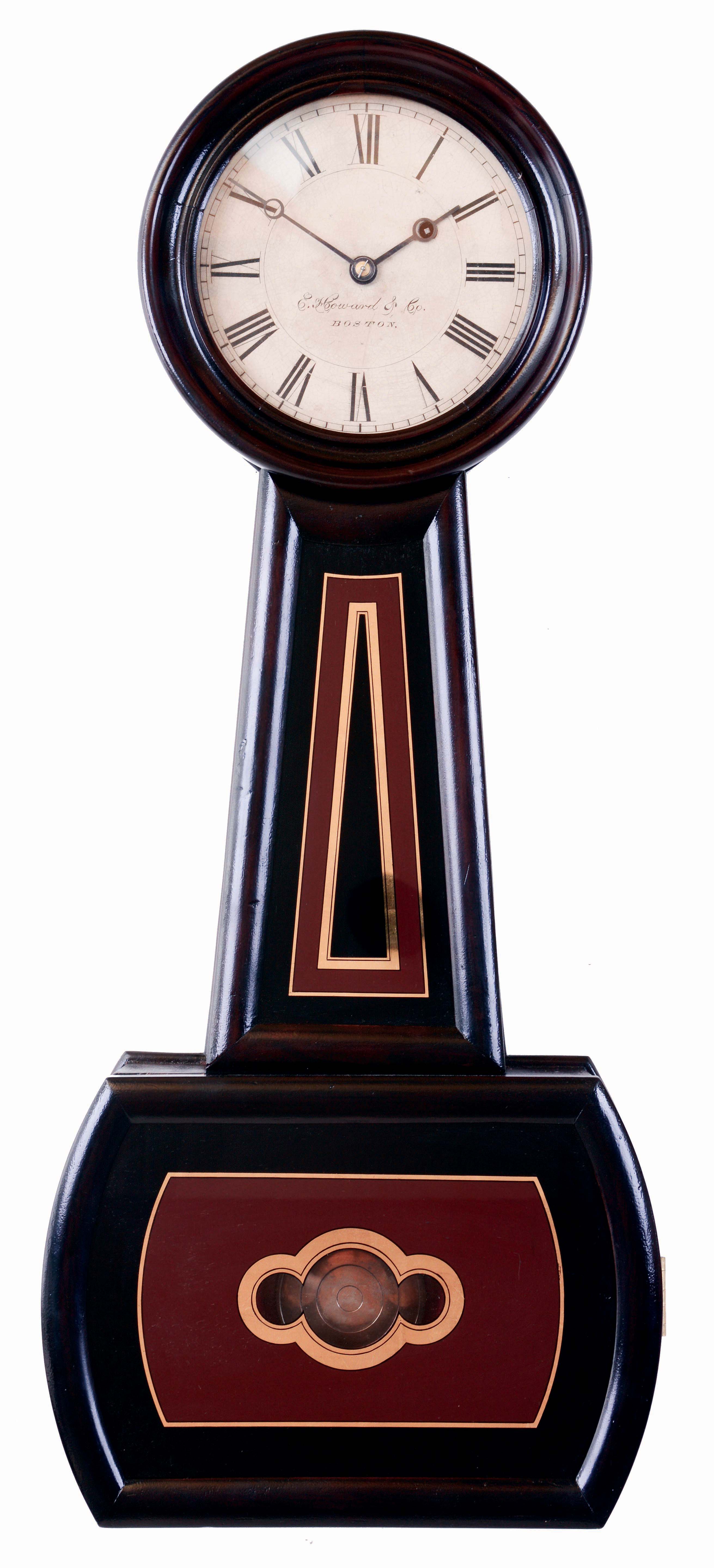E. Howard &amp; Co., Boston, Mass., "No. 5 Regulator" banjo clock, cherry case with convex molded frames, turned wooden bezel, and rosewood graining, Roman numeral white painted dial, blued steel Breguet style hands, signed, weight driven, 8 day timepiece movement, c1900 — Antique Clocks Price Guide