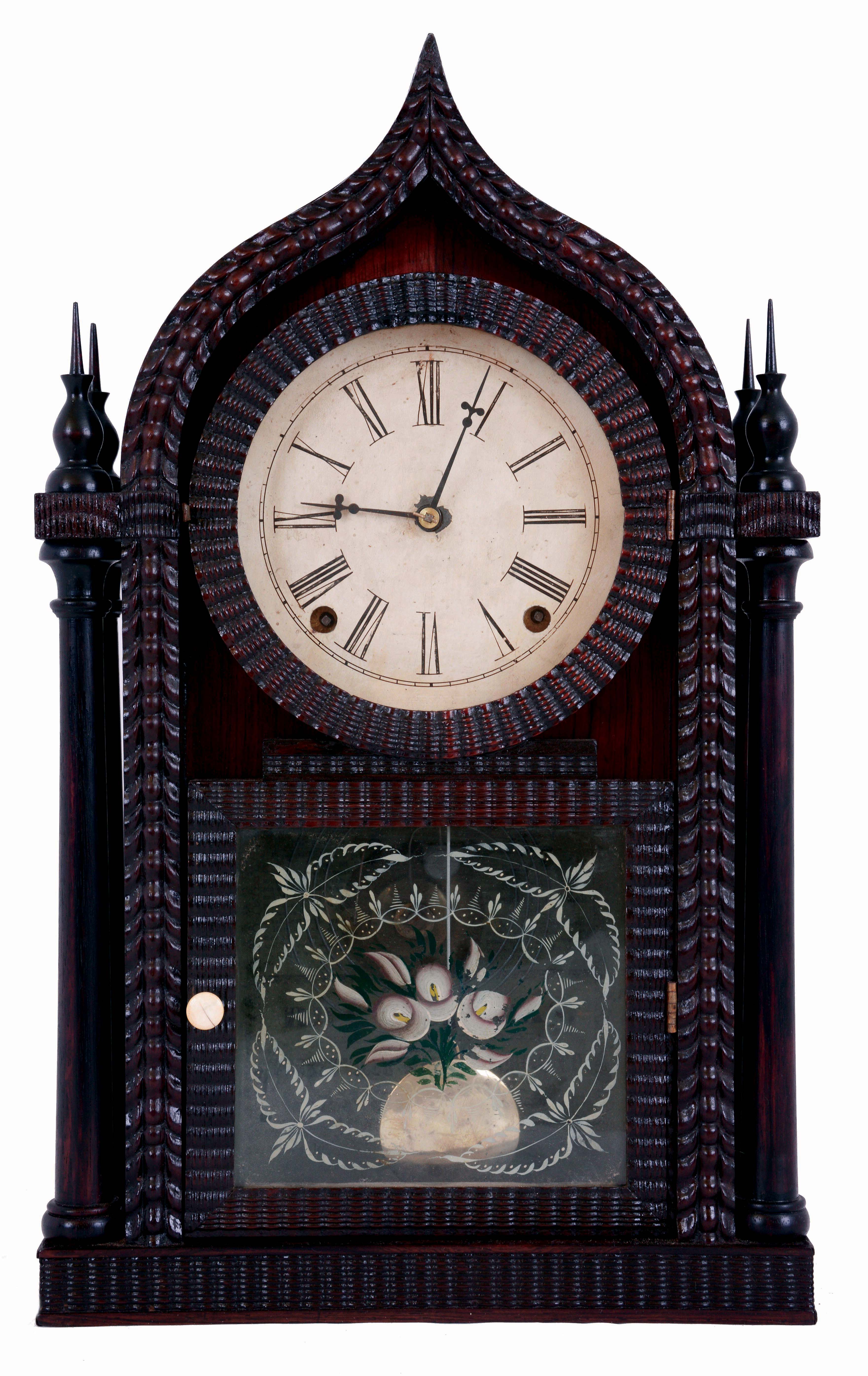 Forestville Mfg. Co., (J.C. Brown), Bristol, Conn., 8 days, time and strike, spring driven brass movement 4-column sharp gothic or onion top ripple molding shelf clock, c1850 — Antique Clocks Price Guide