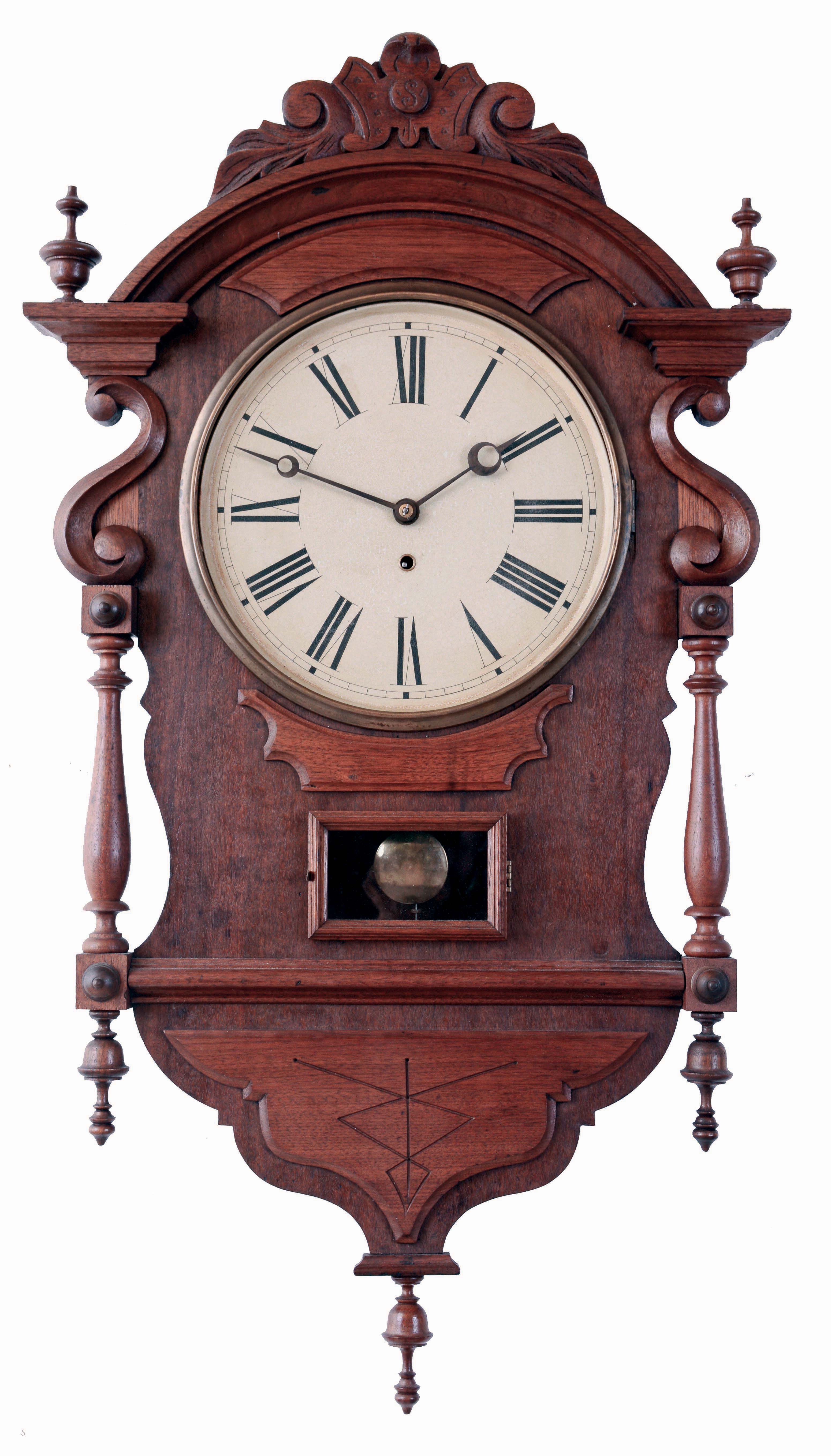 George A. Jones &amp; Co., New York, NY, "Office Time" wall clock, mahogany case with carved and turned ornament, Roman numeral, white painted metal dial, blued steel moon hands, 8 days, spring powered timepiece movement, inside of case back with partial label, c1875 — Antique Clocks Price Guide