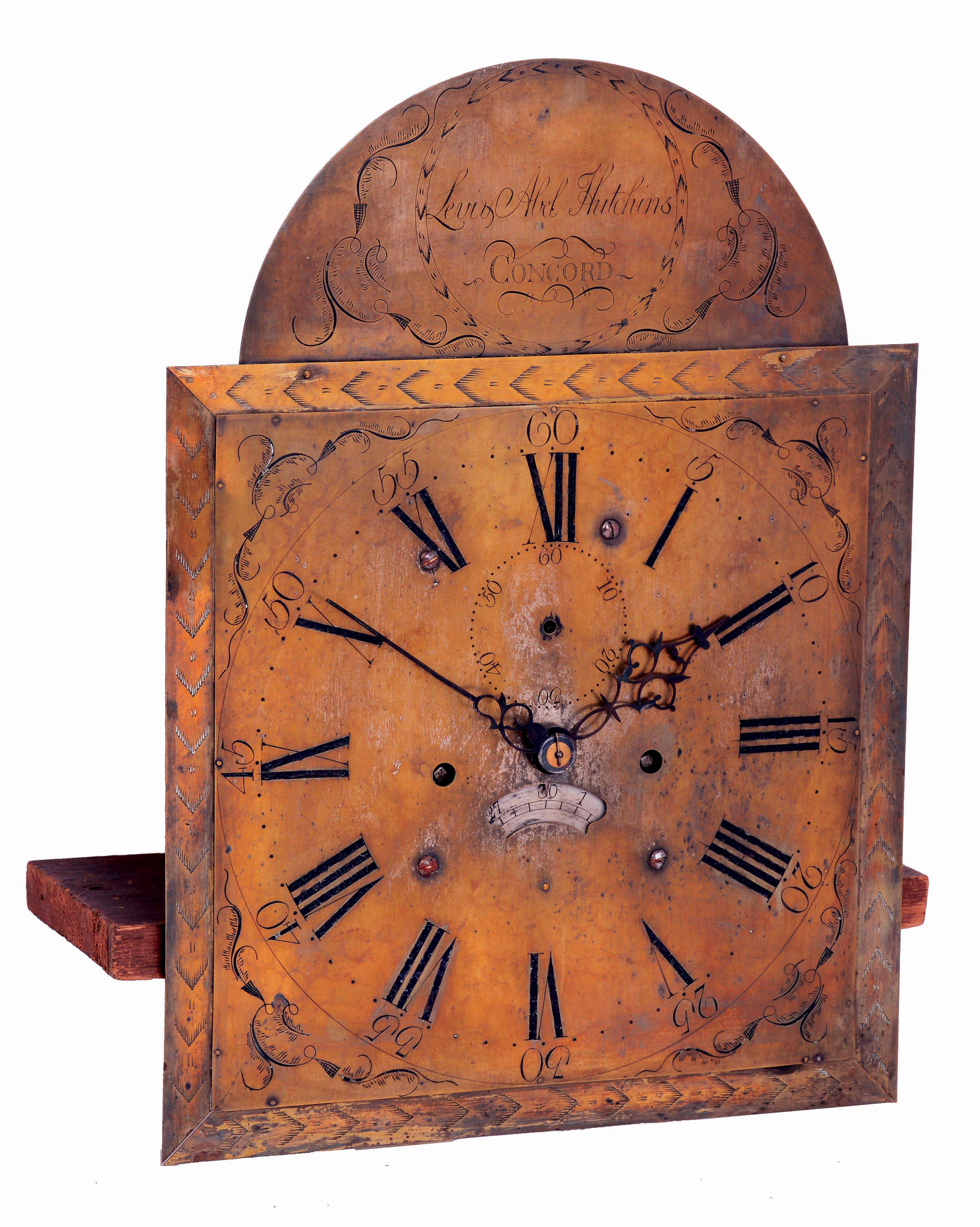 Levi and Abel Hutchins, Concord, New Hampshire, brass, 8 days, time and strike, tall clock movement (only) with multiple piece signed brass dial, c1790 — Antique Clocks Price Guide