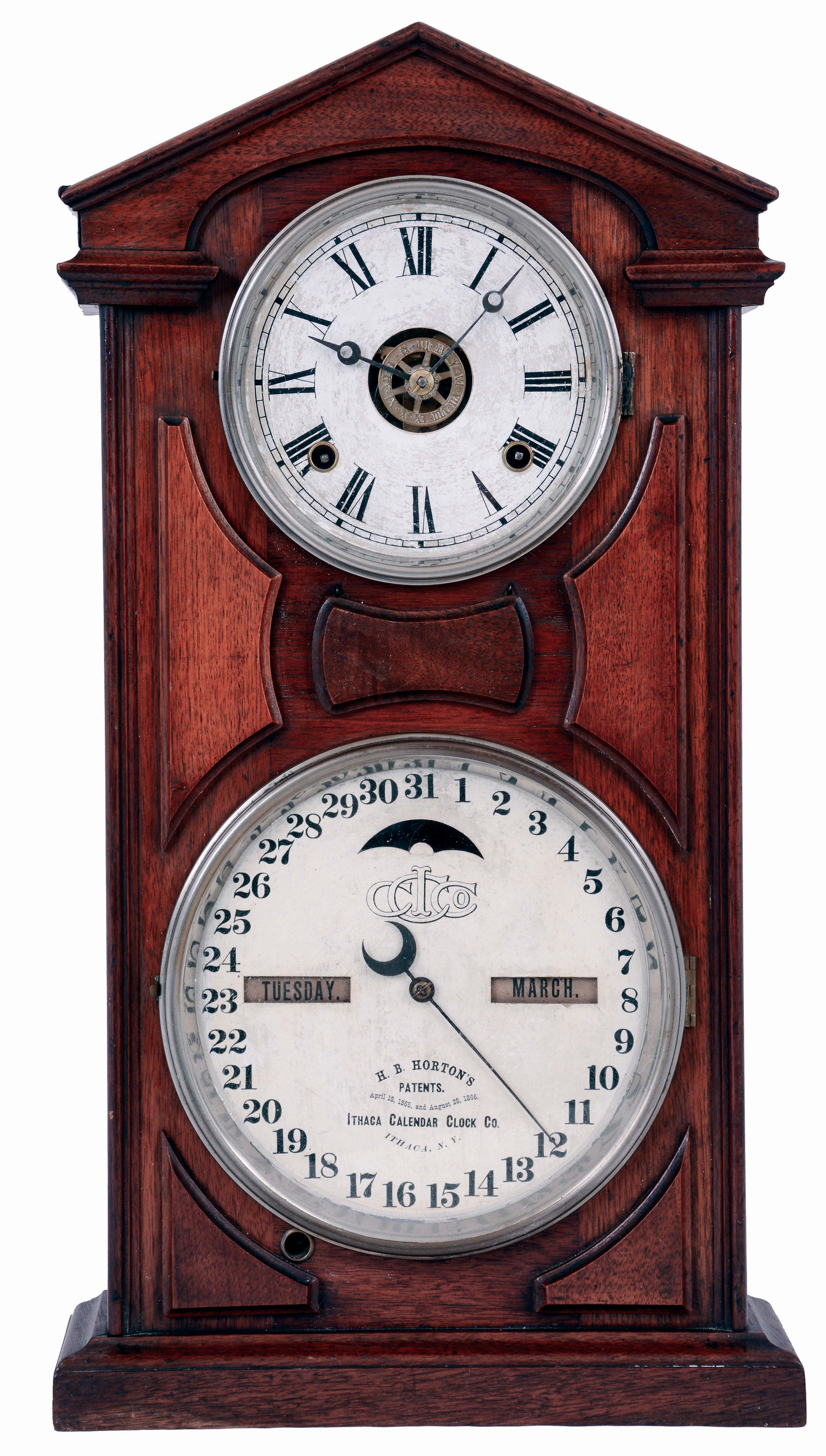 Ithaca Calendar Clock Company, Ithaca, NY., "No. 7 Shelf Cottage" mantel clock in a walnut case with a spring driven, 8 days, time, strike and alarm movement (by Noah Pomeroy. Bristol, Conn.) with Horton's patented perpetual calendar mechanism, c1874. — Antique Clocks Price Guide