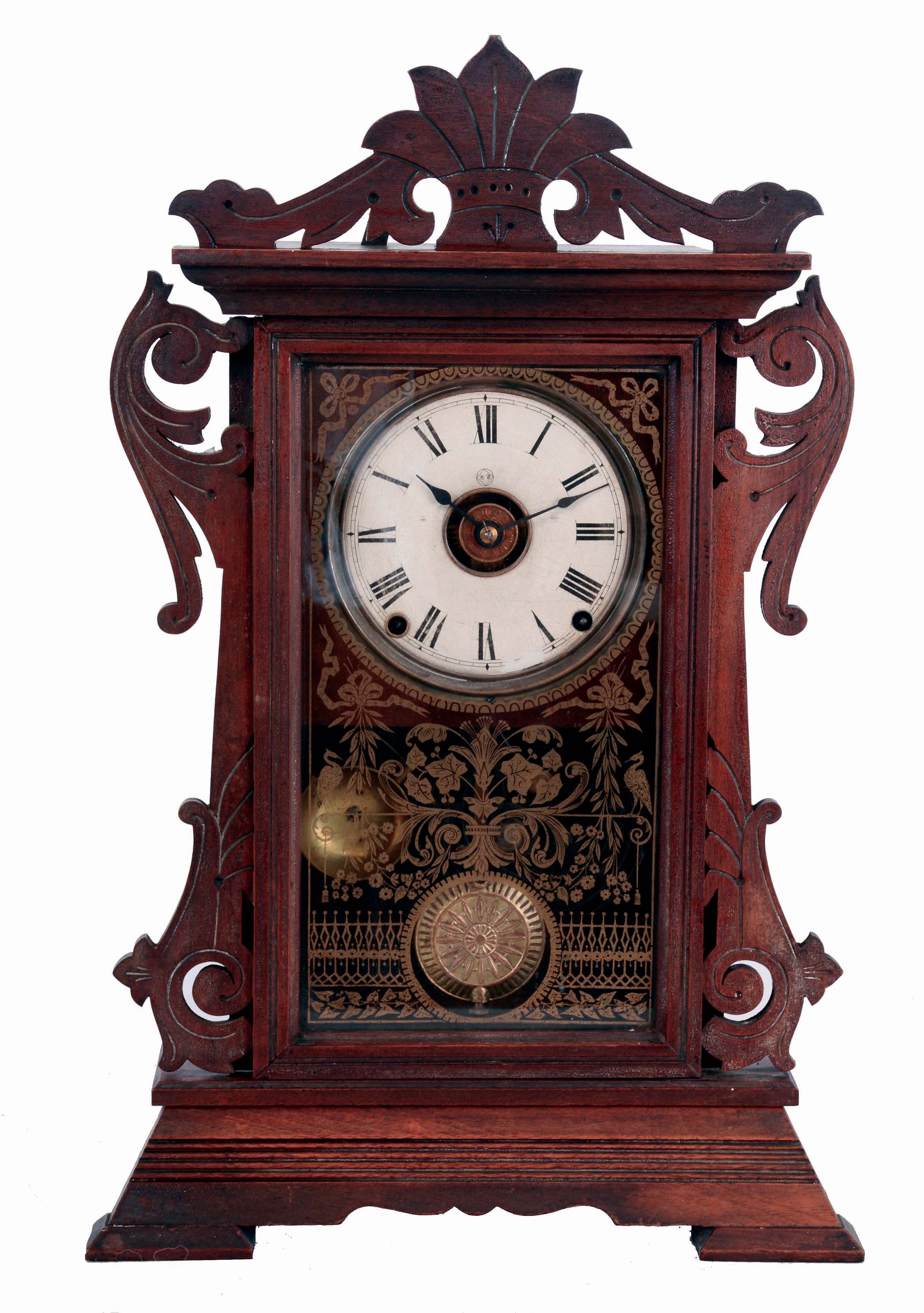 Seth Thomas Clock Co., Thomaston, Conn., "Newark", city series 8 days, time and strike, spring driven brass movement with "Winwards Patent Railway Alarm" shelf clock with alarm lever on top allowing the user to turn off the alarm rather than waiting for it to run down, c1887. — Antique Clocks Price Guide