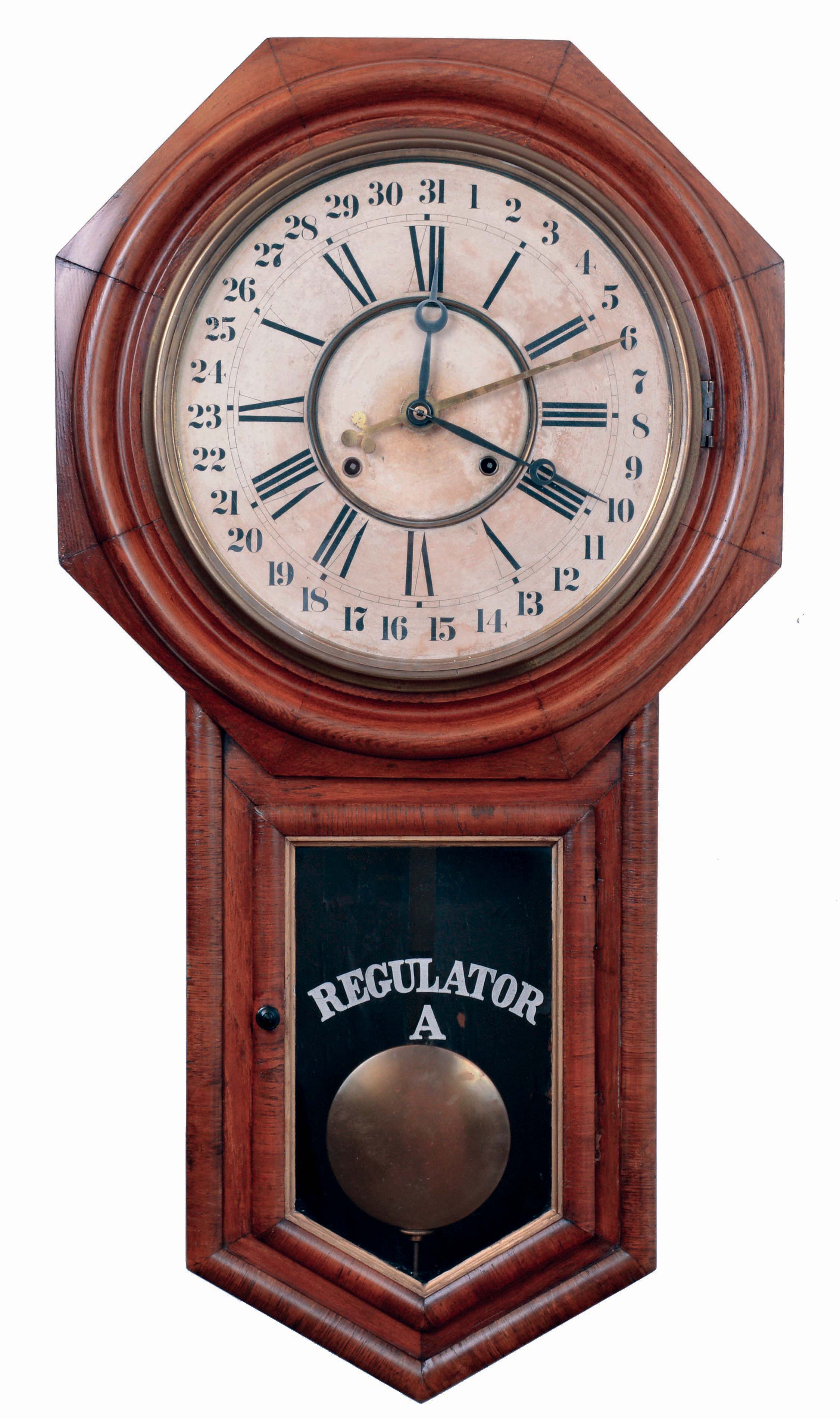 Ansonia Clock Co., New York, NY, "Regulator A", 8 days, time and strike, spring brass movement calendar wall clock, c1901 — Antique Clocks Price Guide