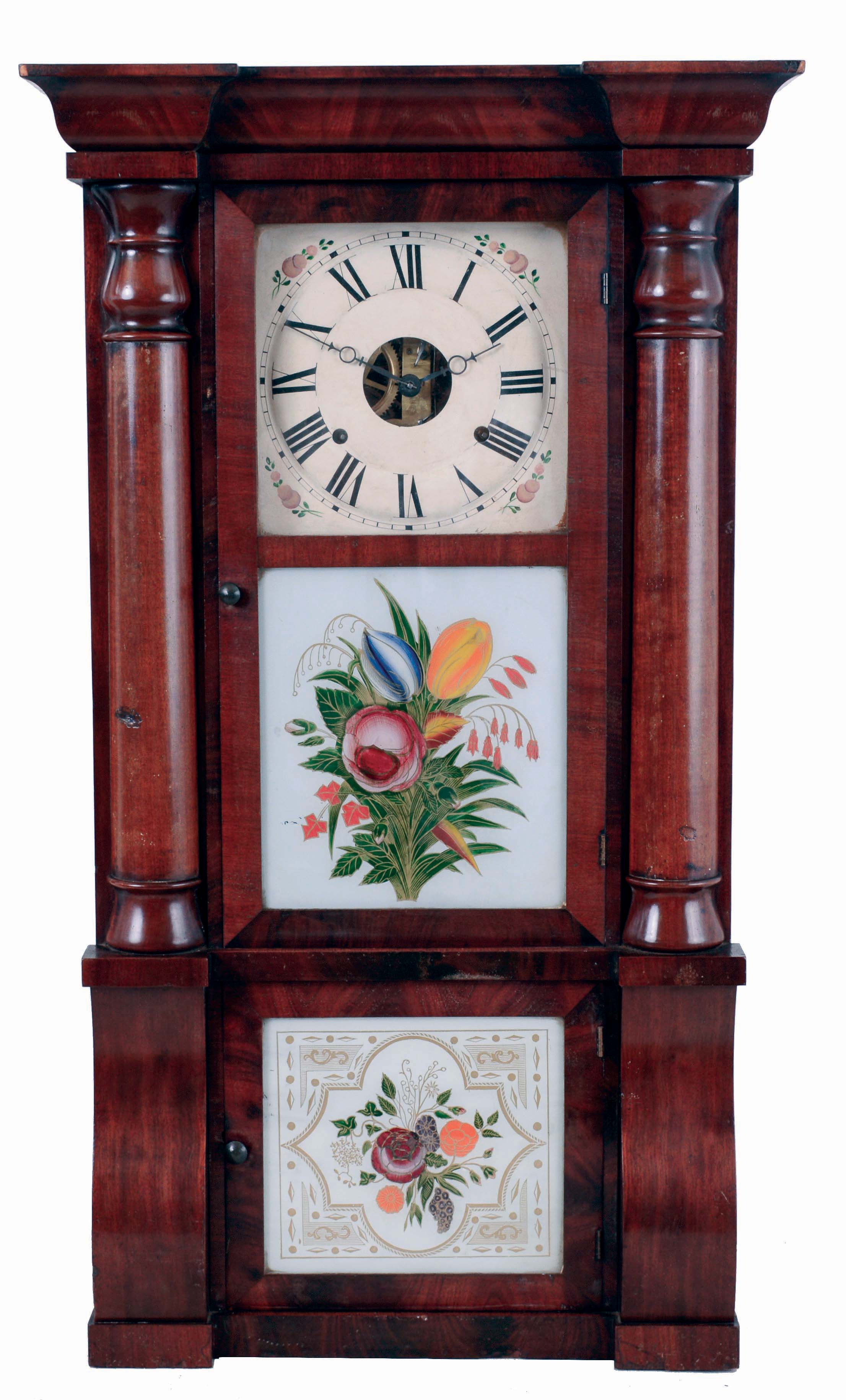 Seth Thomas Clock Co., Thomaston, Conn., "Cornice &amp; Column" shelf clock in a mahogany case with a weight driven, 8 days, time and strike, lyre movement, c1870. — Antique Clocks Price Guide
