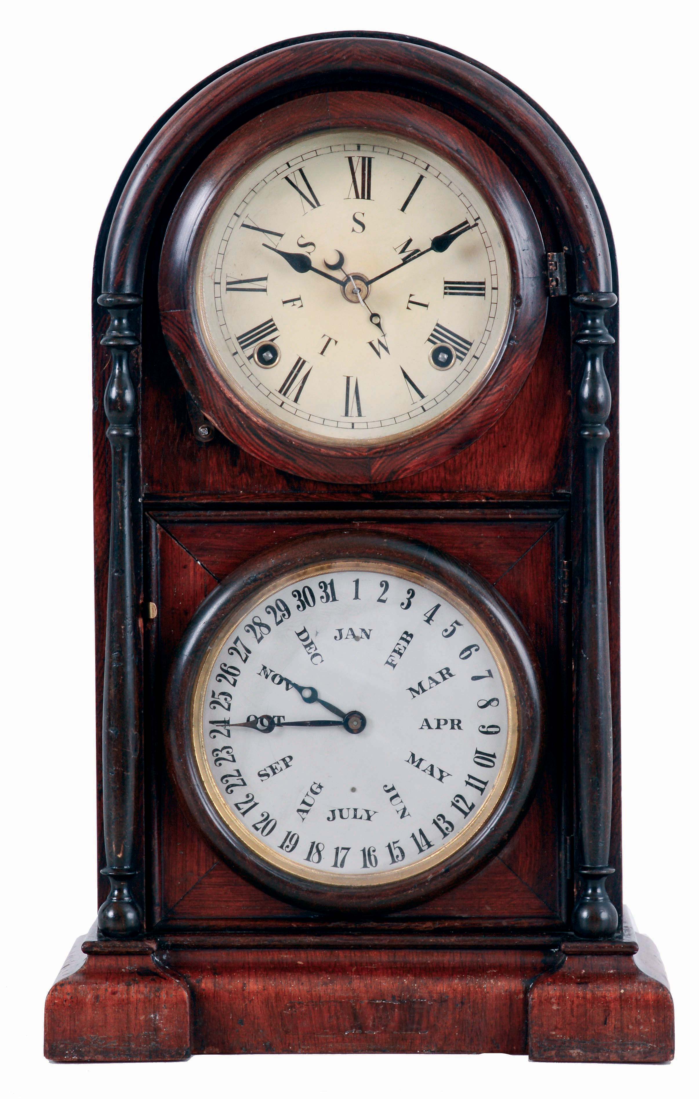 Welch, Spring &amp; Co., Forestville, Conn., "Italian No. 3" shelf clock in a rosewood veneered case with a spring driven, 8 days, time and strike movement and a B. B. Lewis patented perpetual calendar mechanism, c1872. — Antique Clocks Price Guide