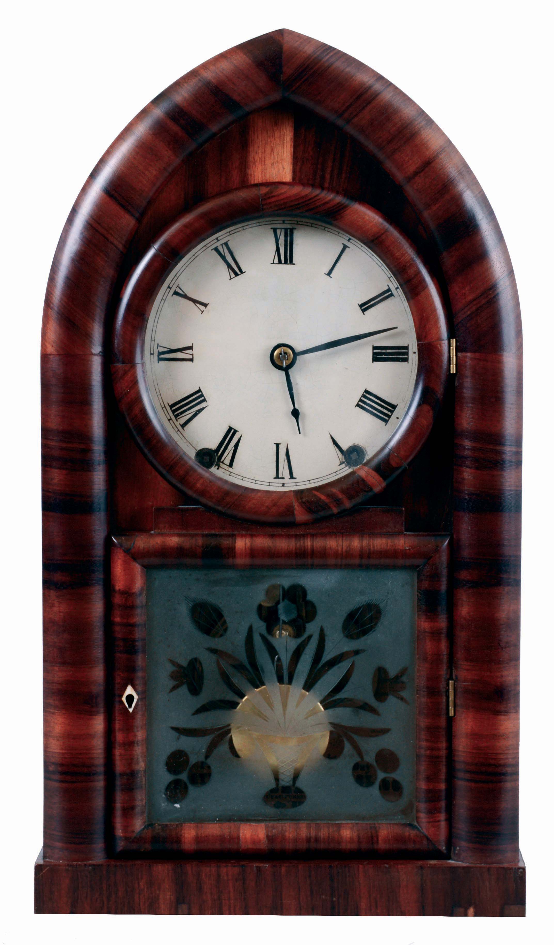Brewster &amp; Ingrahams, Bristol, Conn., 8 days, time and strike, spring driven brass and iron back plate Kirk's Patent movement round gothic or beehive clock, c1845 — Antique Clocks Price Guide