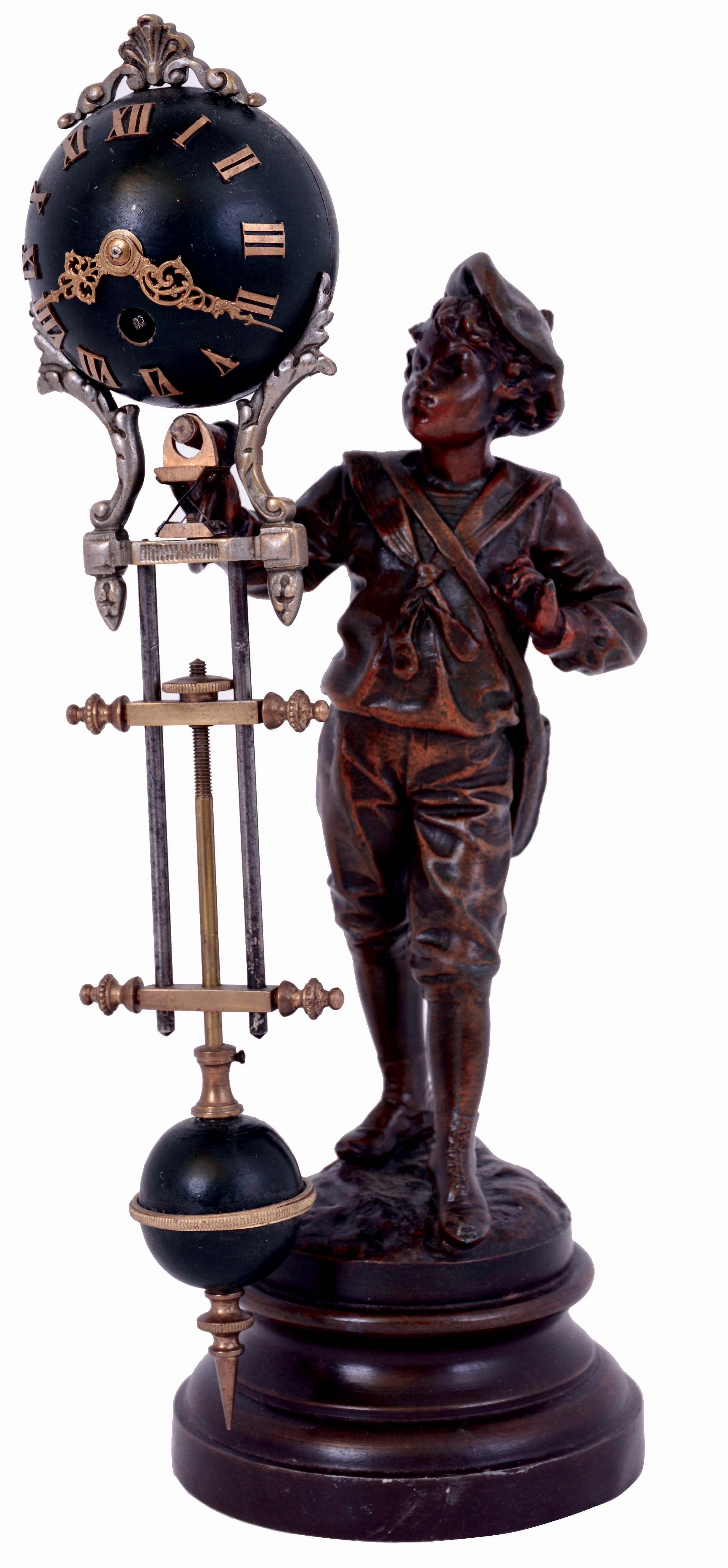 Miniature French Swinger, signed "Aug. Moreau", the patinated spelter figure of a young boy wearing a tam-o-shanter cap, and with a bag slung over his left shoulder, his right hand raised and supporting the miniature swinging timepiece, 8 day, key wound movement contained in a dark green sphere with gilt Roman numerals and Louis XV hands, and 3 rod "gridiron" terminating in a smaller green sphere with gilt equatorial band, c1890 — Antique Clocks Price Guide