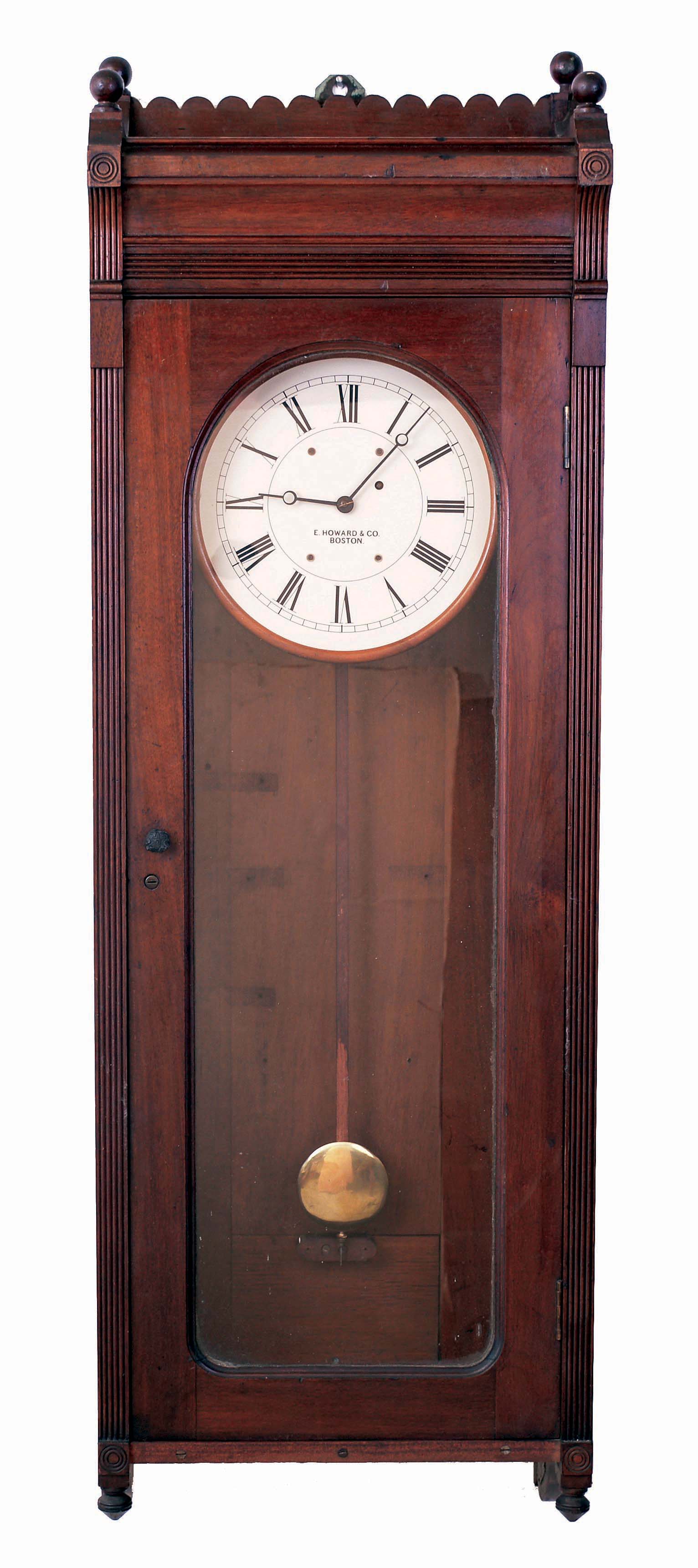 E. Howard &amp; Co., Boston, Mass., "Watch Clock" with station for only one watchman, wall clock, 8 days, time only, weight driven movement in a walnut case with painted metal dial, c1888 — Antique Clocks Price Guide