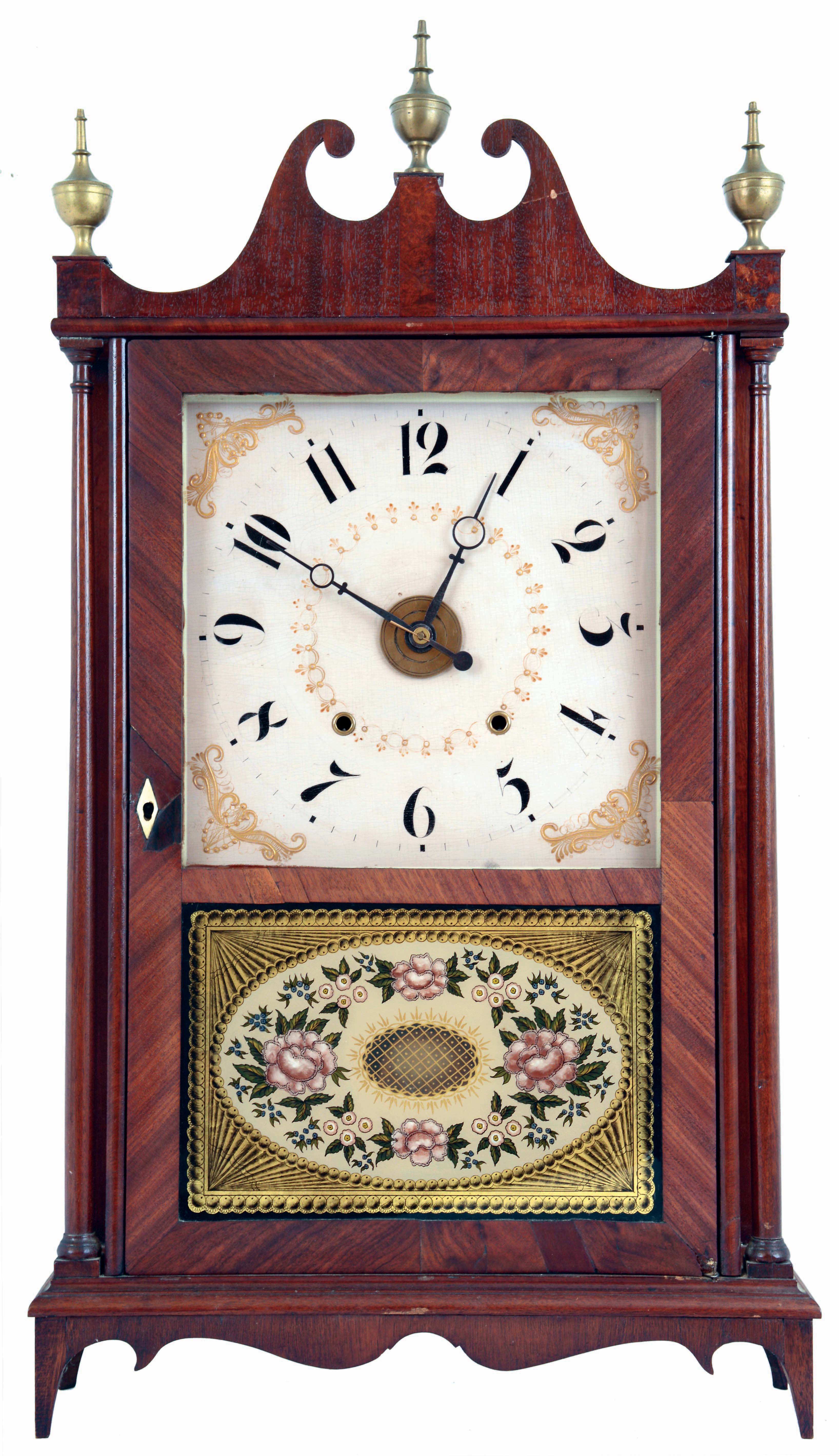 E. Terry &amp; Sons, Plymouth, Conn., 30 hours, time and strike, weight driven wood movement with rare "window shade" alarm pillar &amp; scroll shelf clock, c1830 — Antique Clocks Price Guide