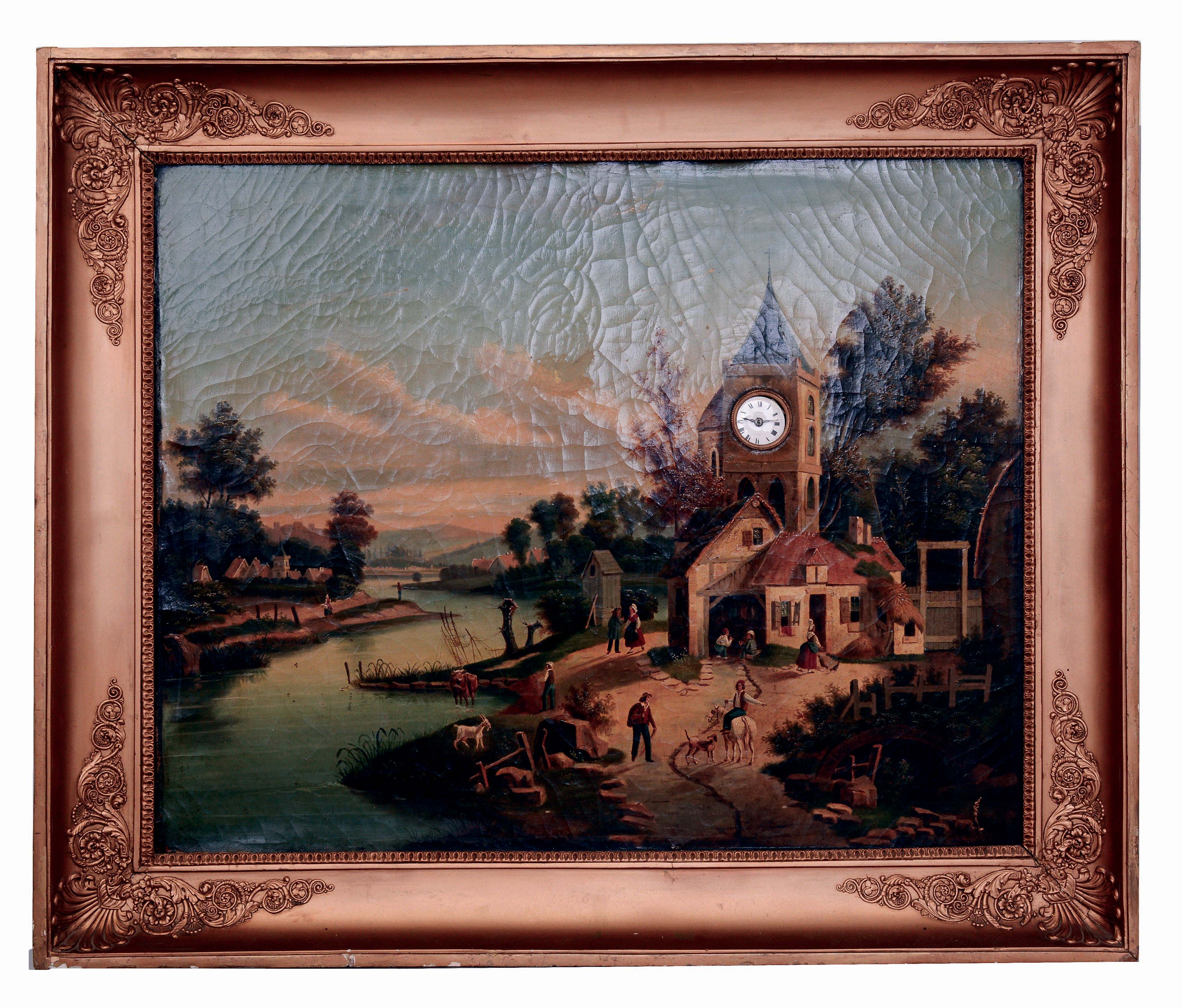 Austrian picture frame clock with an 8 days, time and half hour strike, French, spring driven, pendulum movement in a gold painted frame and painted oil on canvas village scene with church tower inset with 2" white enamel dial marked "WURTELL PARIS". There is a second single train auxiliary tripped by primary movement with two hammers and two gongs, [an angelus] c1865 — Antique Clocks Price Guide