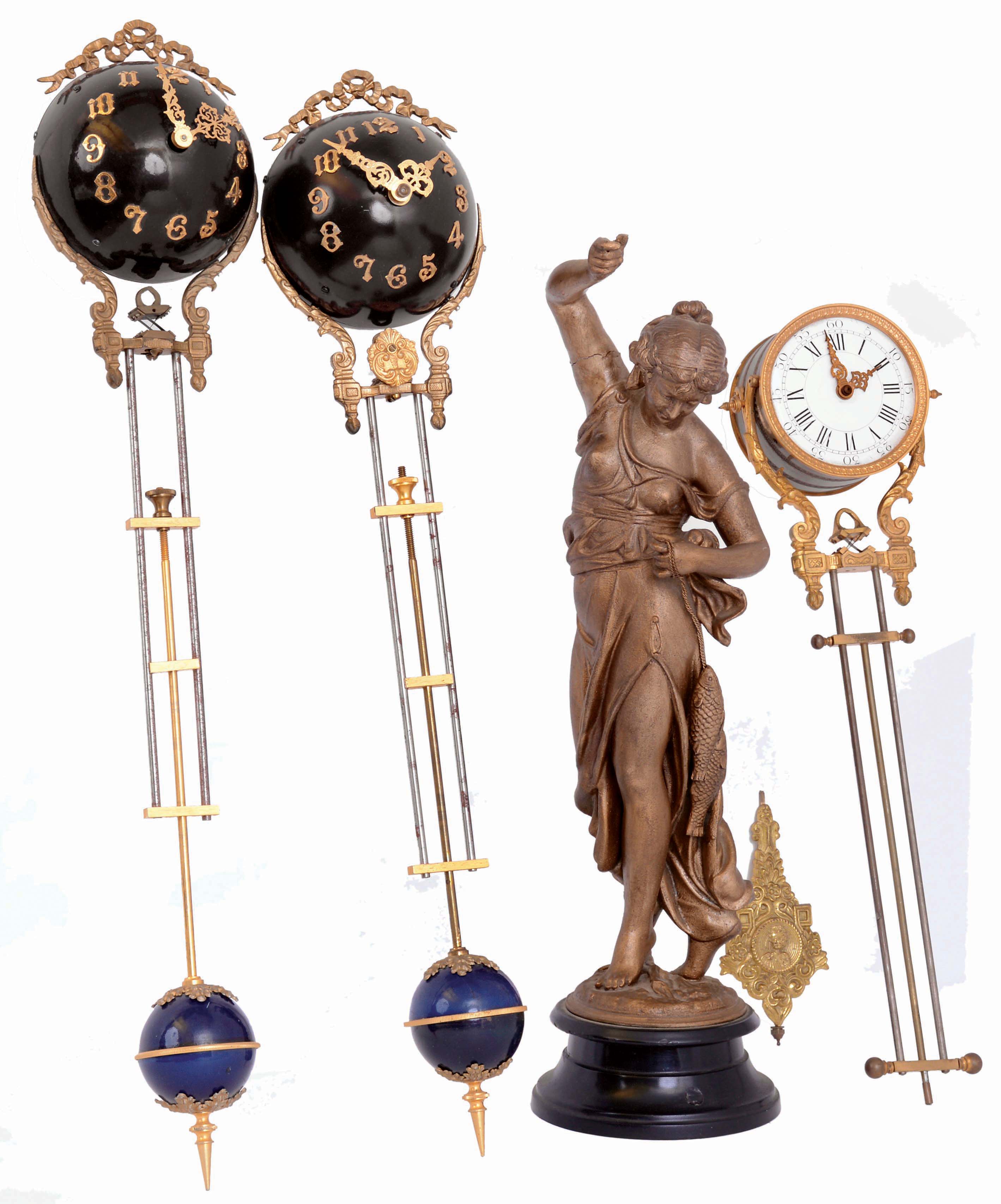 Clocks- 3 (Three) Swinging Arm Clocks and a bronzed "Fisher" spelter figure: one arm is antique French, with "GLT" stamp on movement; the two ball tops are modern reproductions; the figure is an old Ansonia side piece. 19th and later 20th centuries — Antique Clocks Price Guide