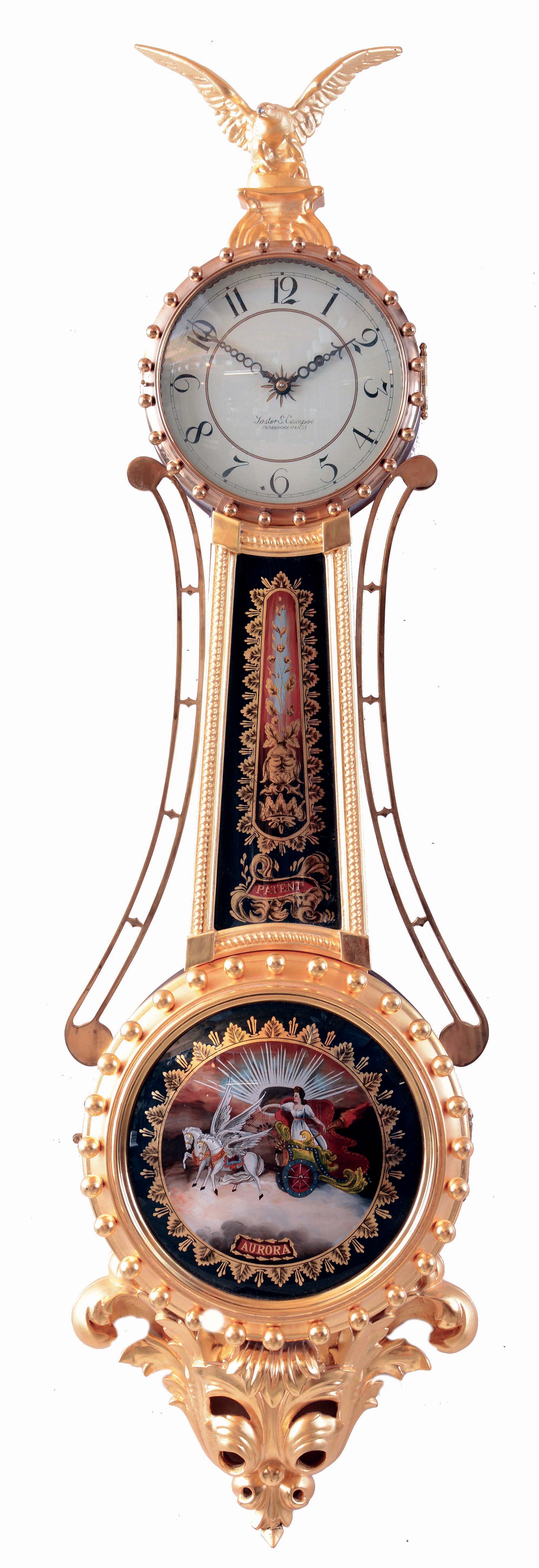 Foster Campos, Pembroke, Mass., girandole clock, mahogany case with gilt frames and bracket, convex paint decorated tablets, the lower featuring Aurora in her chariot, Arabic numeral white painted dial, 8 days, weight driven timepiece movement by Kilbourn &amp; Proctor, serial #2 — Antique Clocks Price Guide