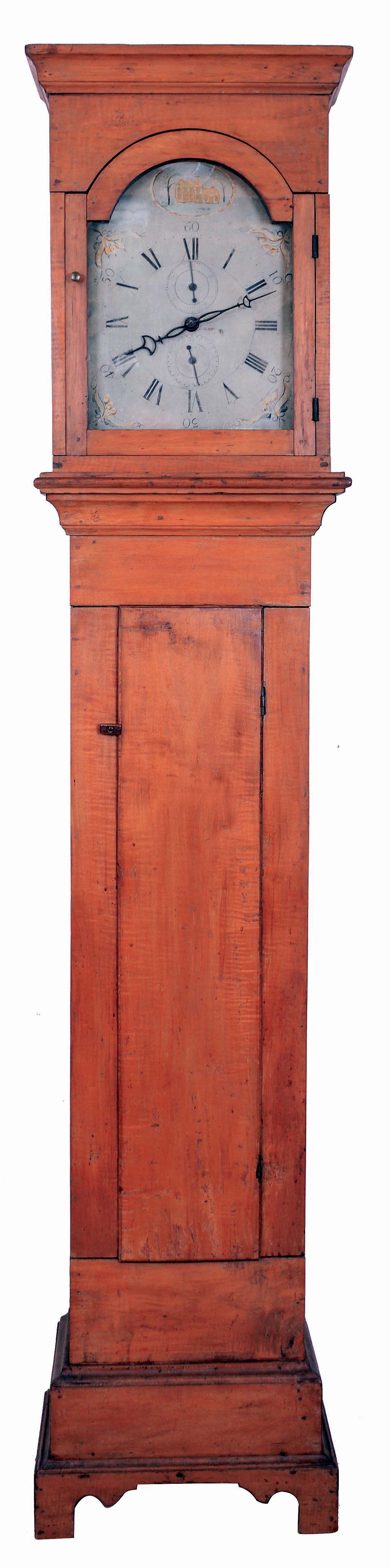 Unsigned American tall clock, 30 hours, time and bell strike and calendar, weight driven wooden movement in a flat top maple case on applied bracket base with painted wooden dial, c1810 — Antique Clocks Price Guide