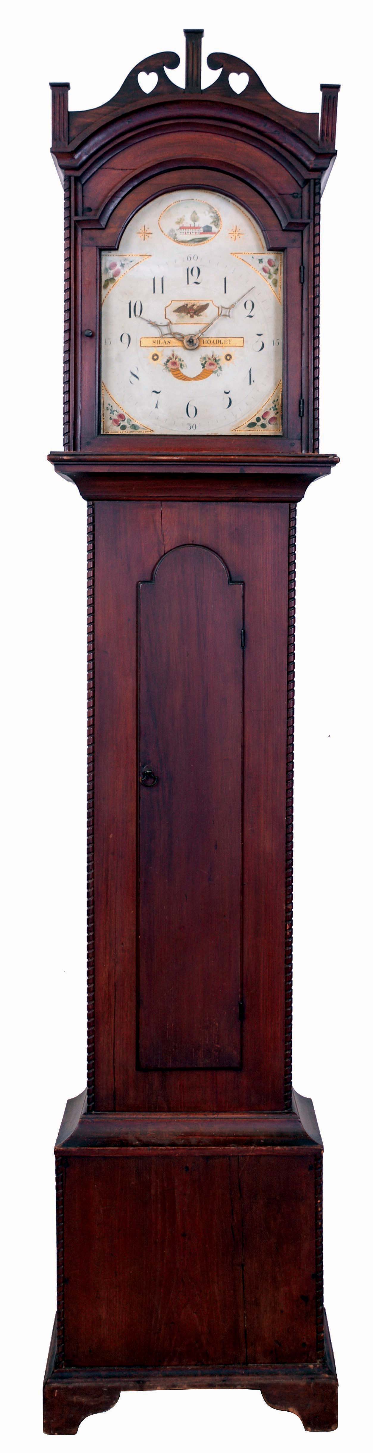 Silas Hoadley, Plymouth, Conn., tall clock, 8 days, time and bell strike, weight driven, wooden works movement in a pine case with painted wood dial, c1815 — Antique Clocks Price Guide