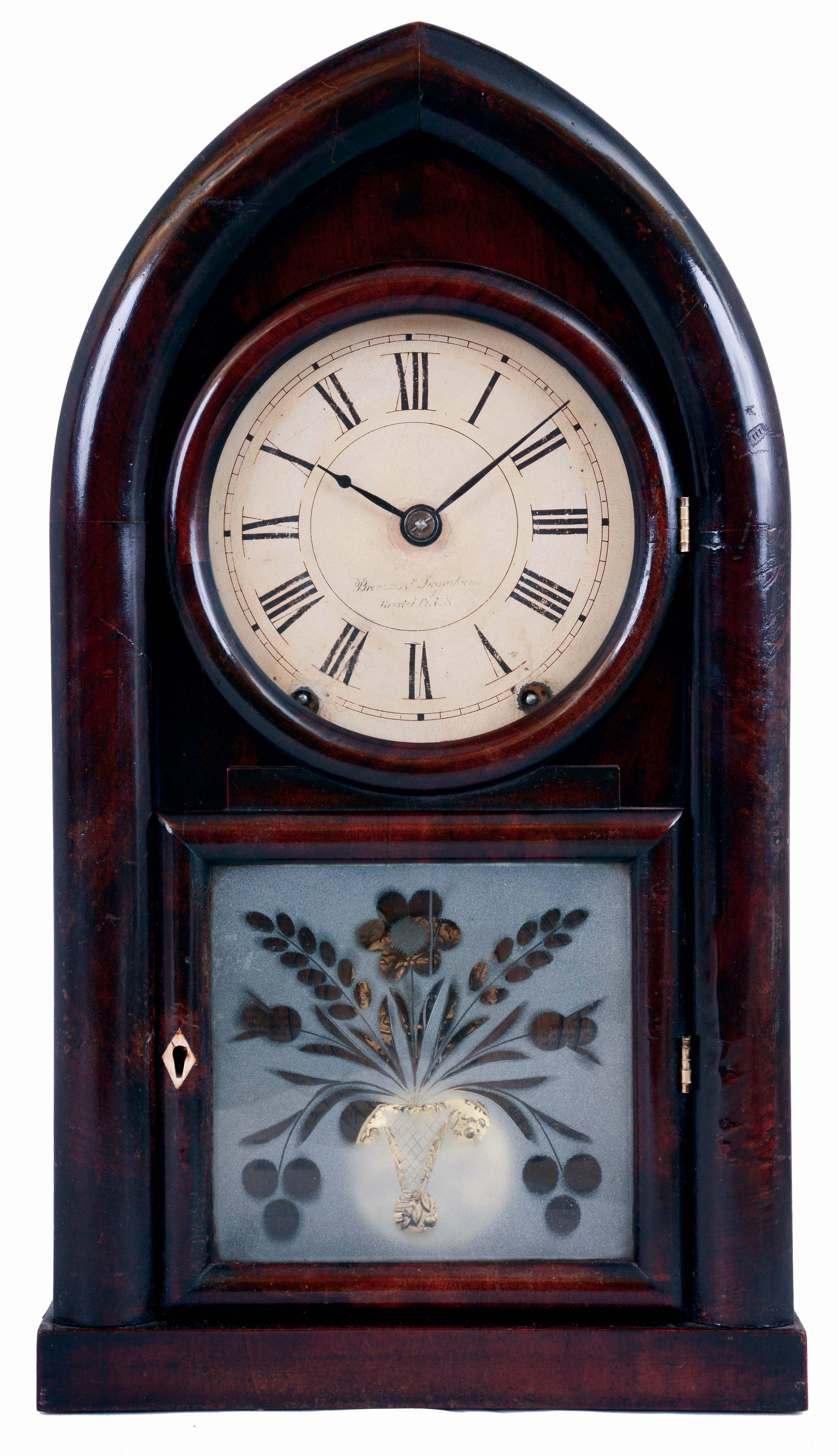 Brewster &amp; Ingrahams, Bristol, Conn., 8 days, time and strike, spring driven brass movement round gothic or beehive shelf clock, c1845 — Antique Clocks Price Guide