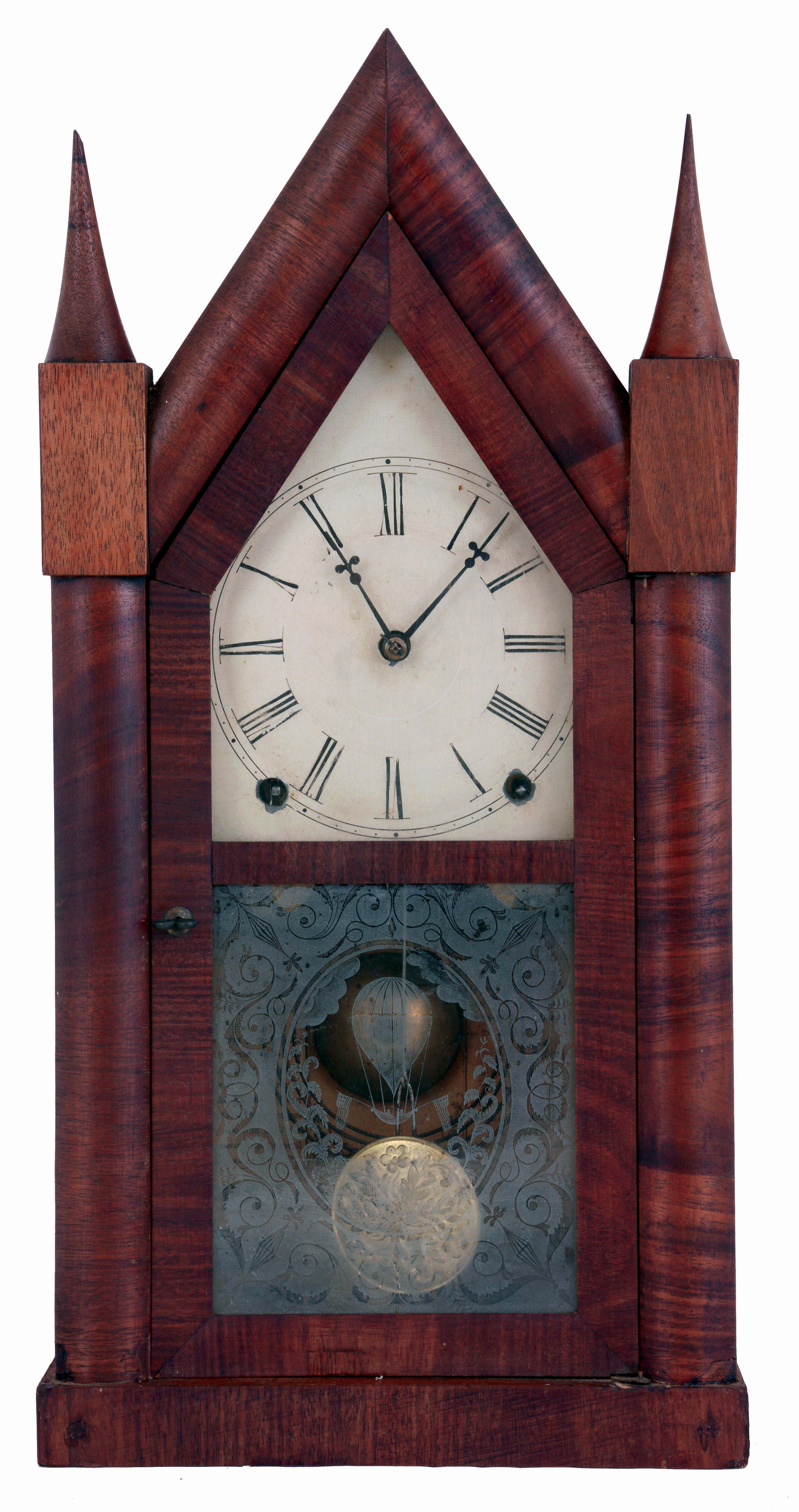 Pond &amp; Barnes, Boston, Mass., Mass. (retailers) with 8 day, time and strike, spring driven brass movement supplied by Terry &amp; Andrews, Bristol, Conn. in sharp gothic or steeple clock, c1850 — Antique Clocks Price Guide