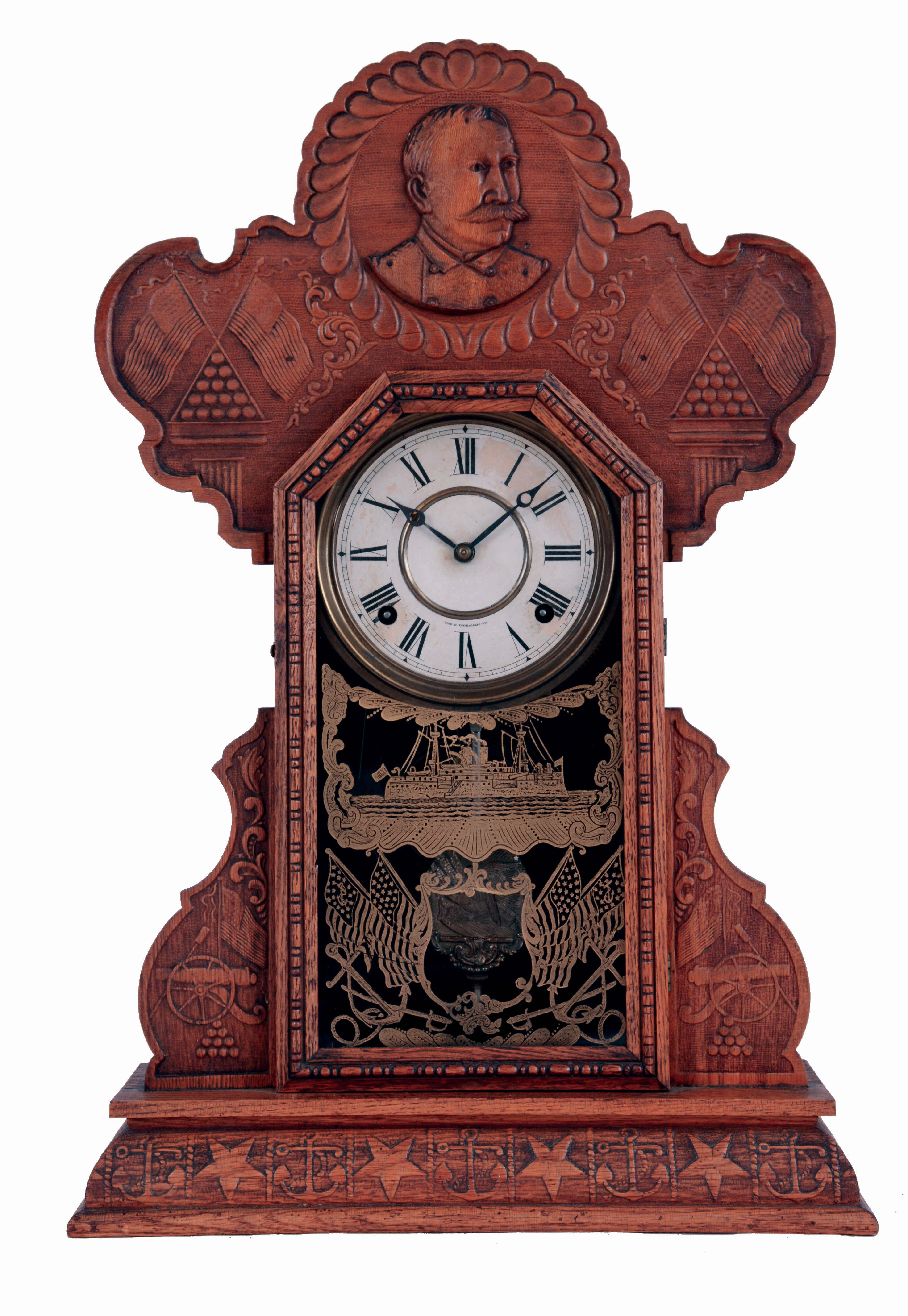 E. Ingraham &amp; Co., Bristol, Conn., "Admiral Dewey", 8 days, time and strike, spring driven brass movement shelf clock, c.1899 — Antique Clocks Price Guide