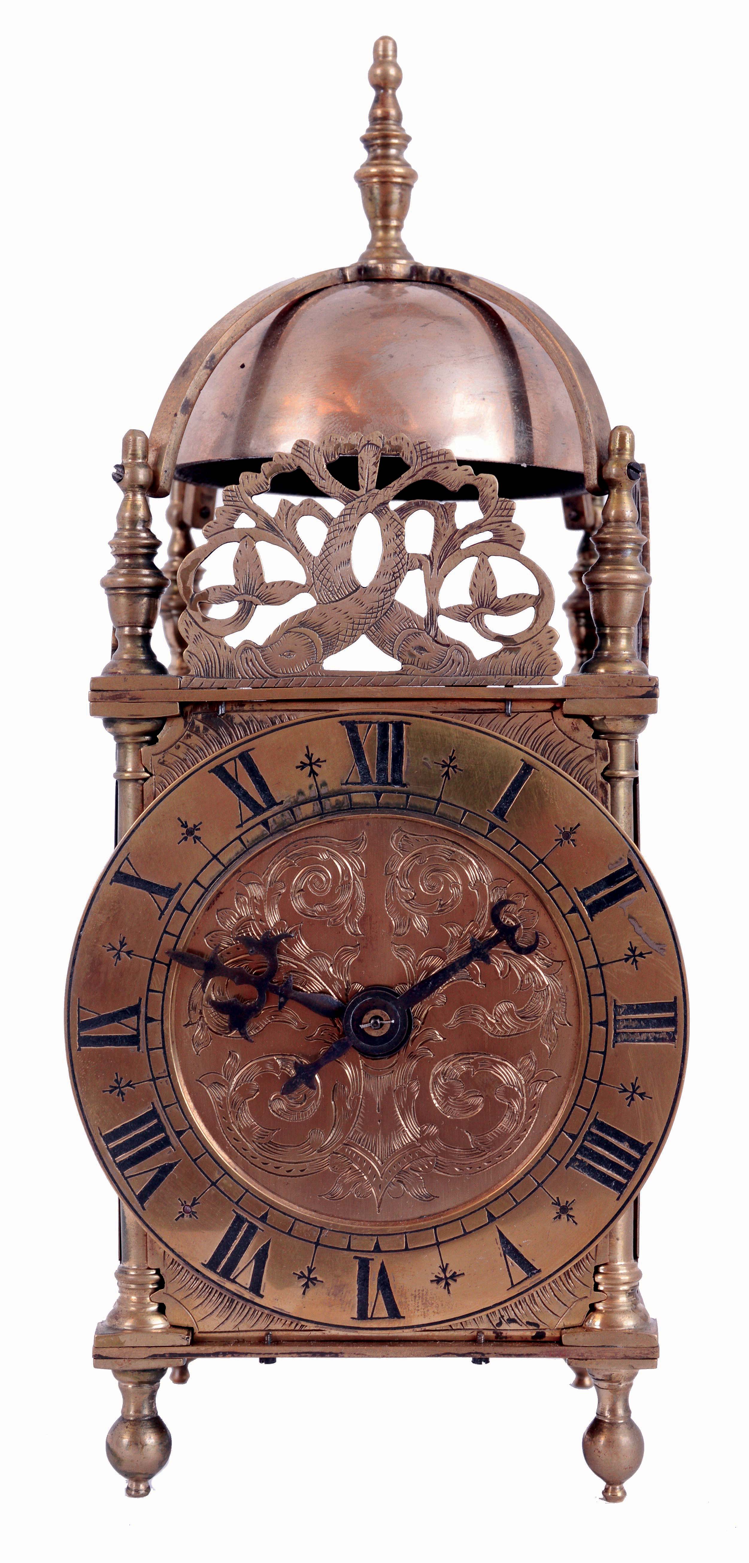 French, 8 days, spring brass lever movement copy of a Lantern clock, c1900 This example is a timepiece. — Antique Clocks Price Guide