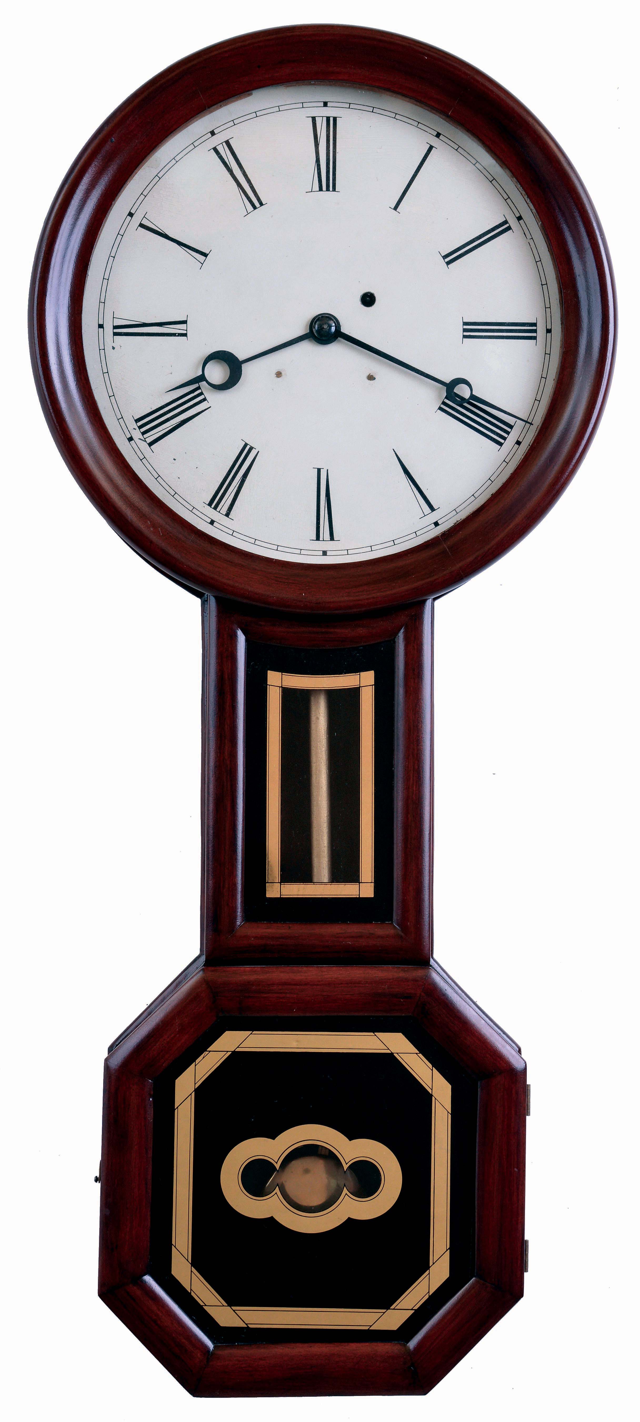 "Baltimore" style banjo clock, possibly George Hatch, Attleboro, MA. Mahogany and mahogany veneer case, turned bezel, and with octagonal lower door, tablets with gilt decoration on a black ground, Roman numeral, white painted zinc dial, steel moon hands, 8 days, weight driven timepiece movement, c1850 — Antique Clocks Price Guide