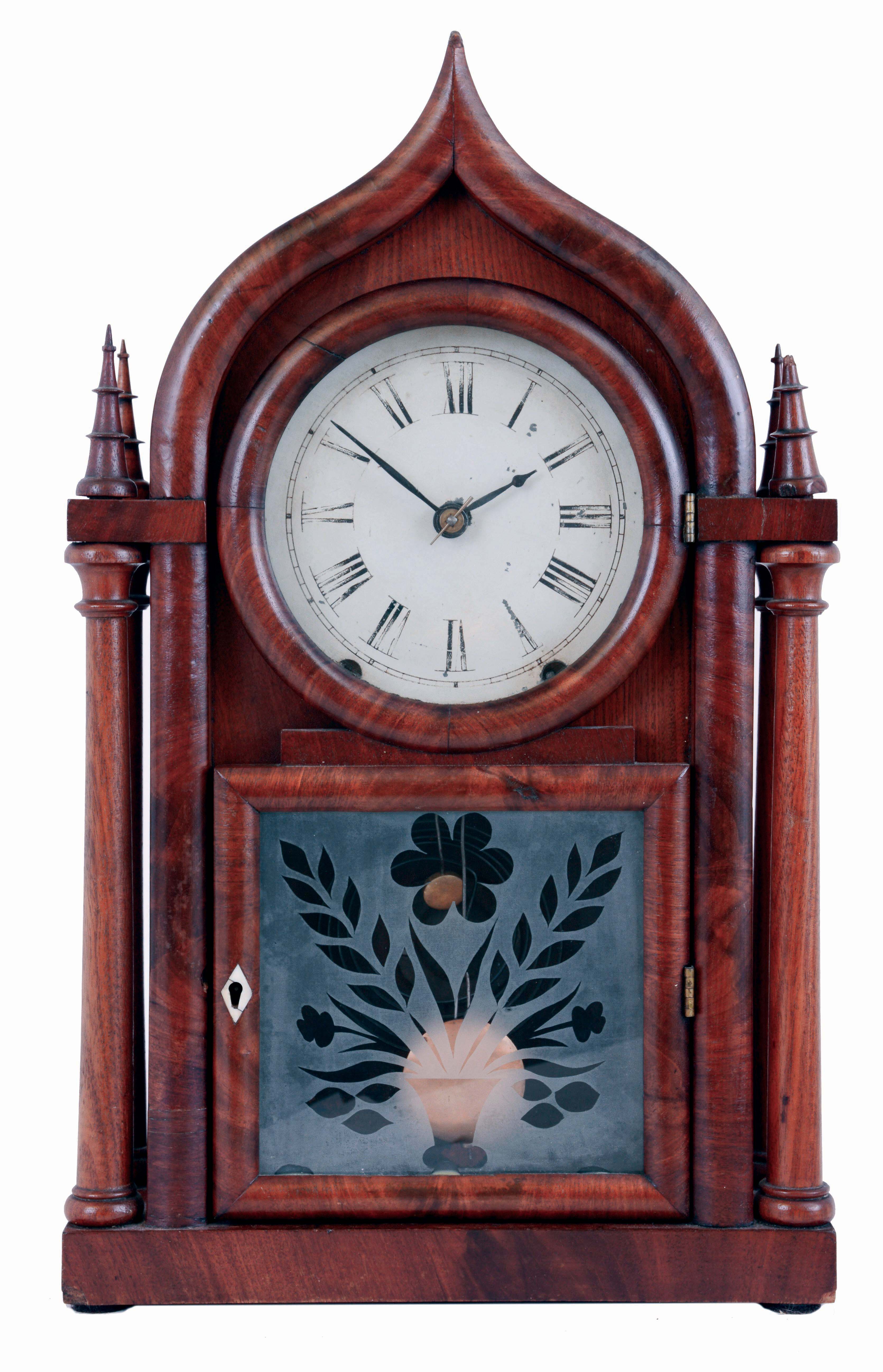 Brewster &amp; Ingrahams, Bristol, Conn., 8 days, time and strike, 4-column OG gothic or onion top shelf clock, brass mainsprings, c1848. — Antique Clocks Price Guide