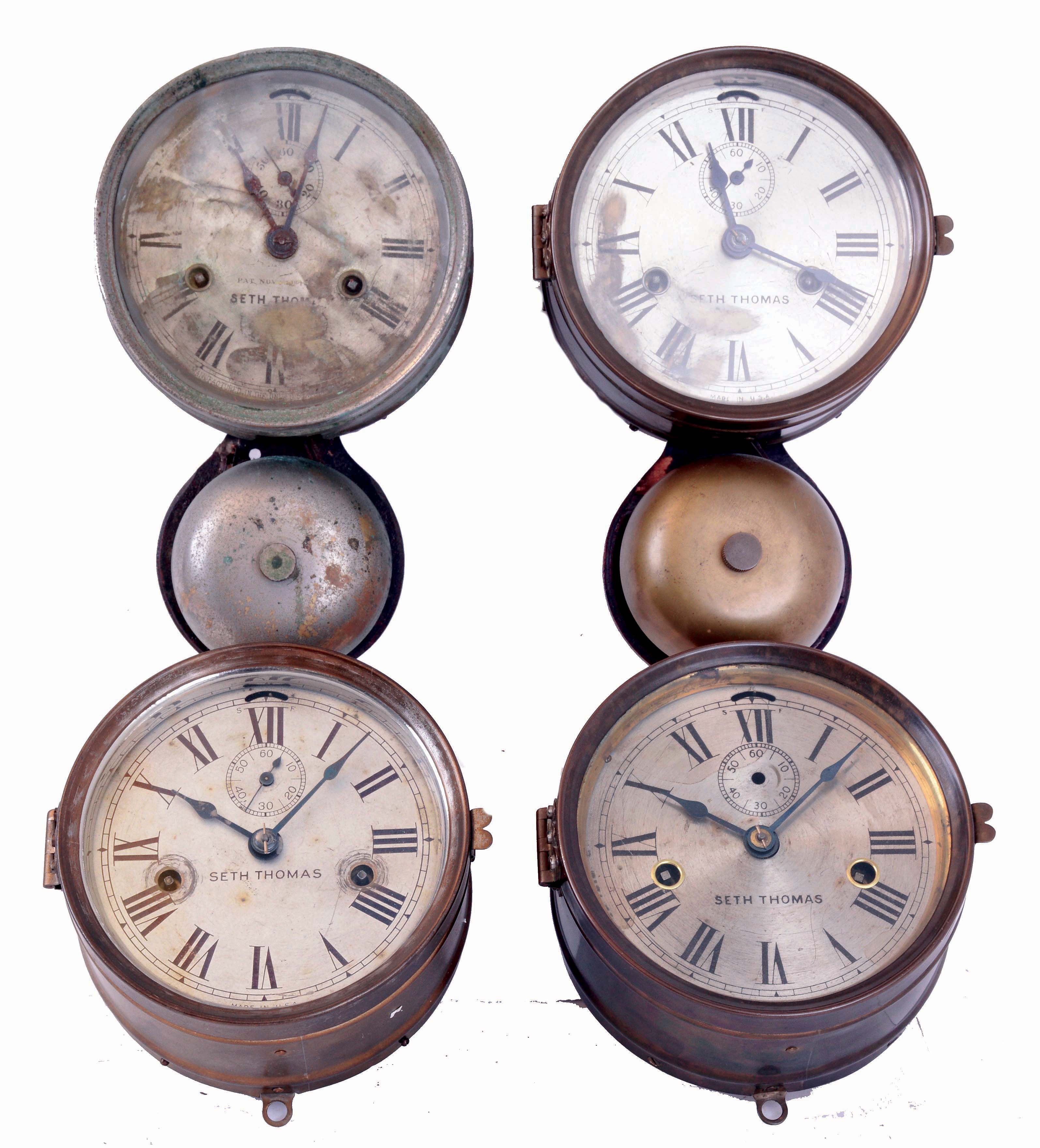 Clocks- 4 (Four) Seth Thomas brass case marine clocks: outside bell, 30 hours ship's bells; nickel plated outside bell, 30 hours ship's bells; 2 brass case, 8 days time only; all with wood back plates; late 19th, early 20th century — Antique Clocks Price Guide