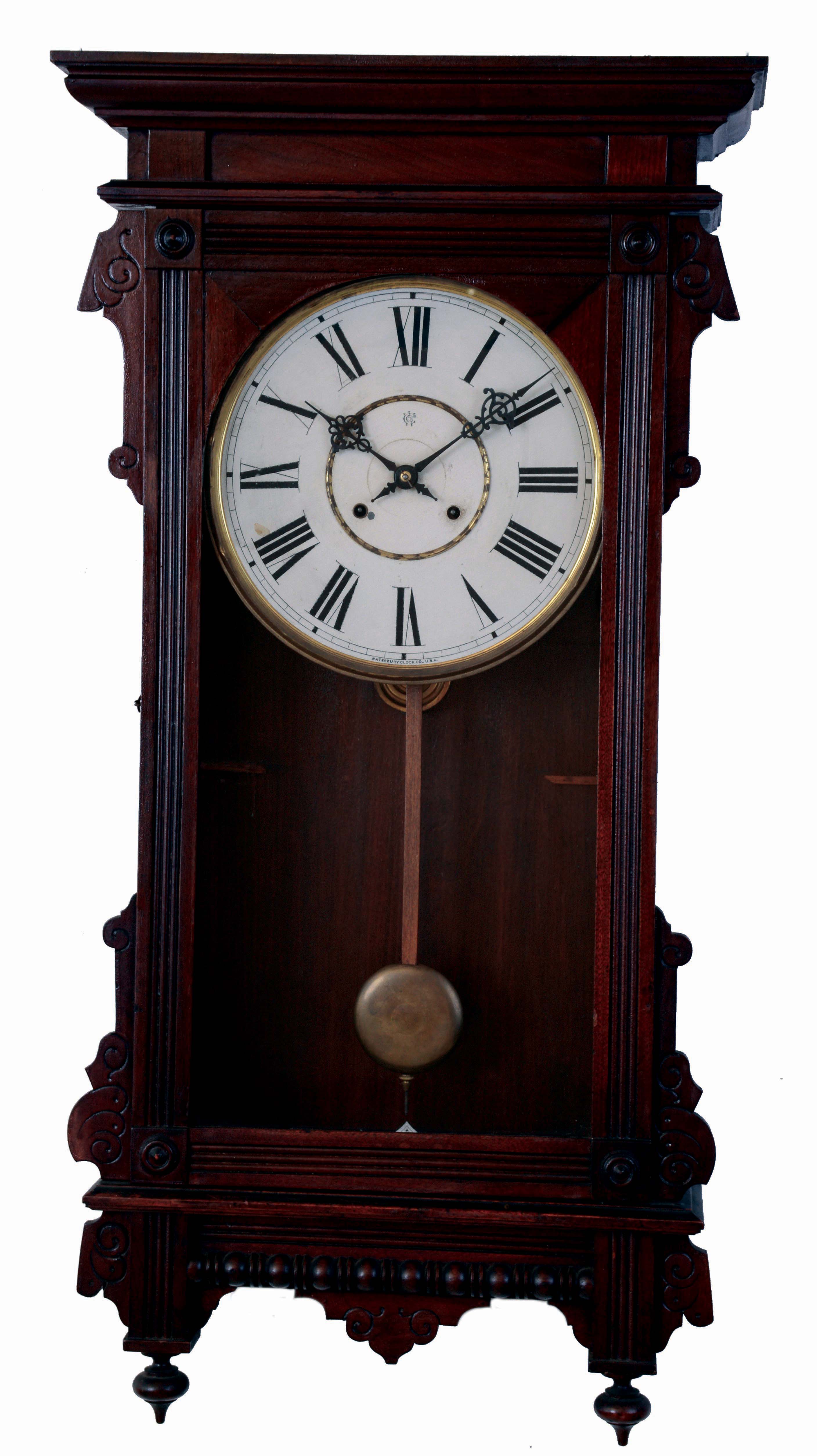 Waterbury Clock Co., Waterbury, Conn., "Cambridge", 8 days, time and strike, spring driven brass movement regulator wall clock, c1906 — Antique Clocks Price Guide
