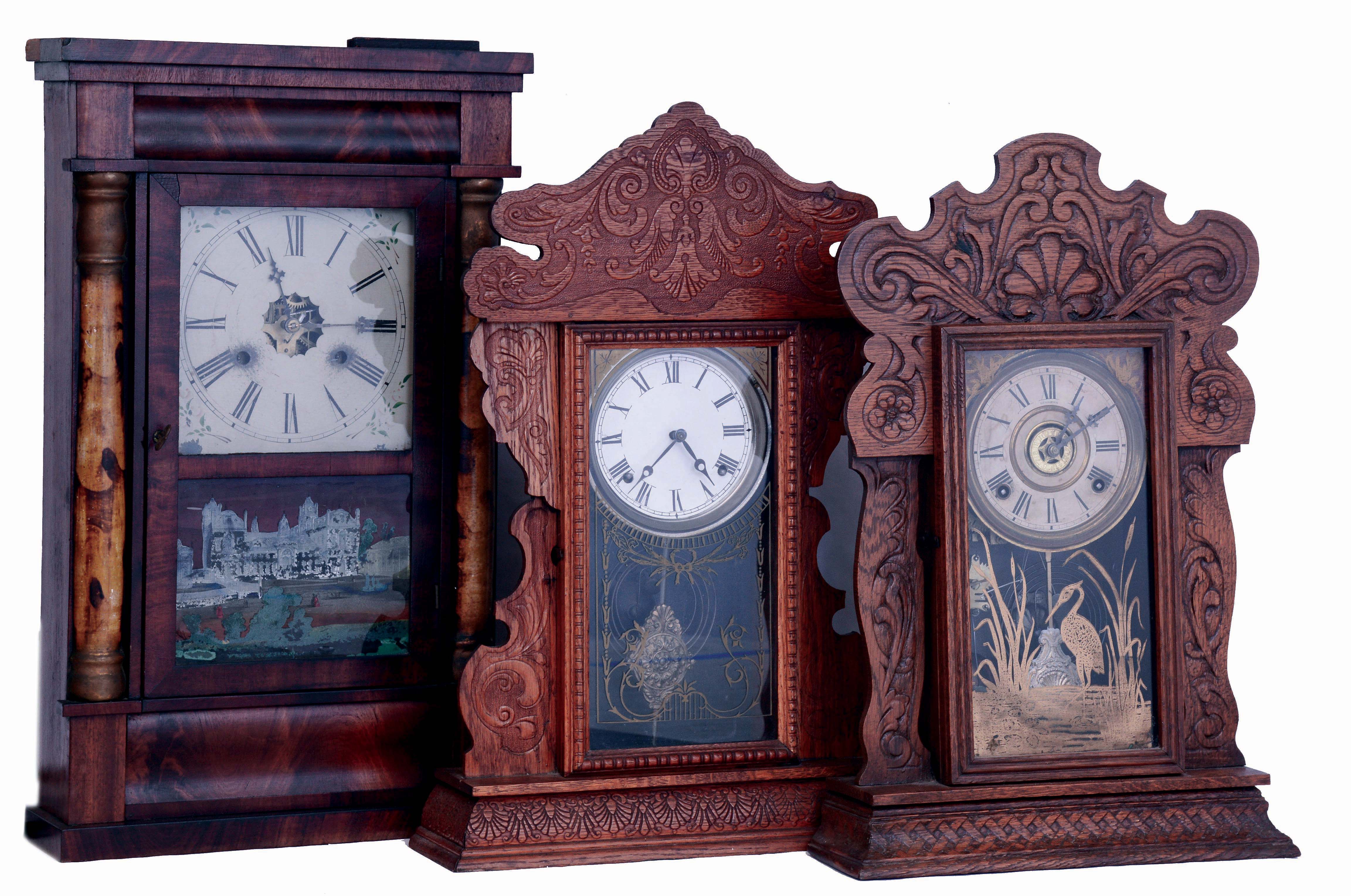 Clocks- 3 (Three): (1) New Haven Clock Co., New Haven, Conn., 30 hours, time and strike, weight driven brass movement column clock, c1855. (2) Sessions Clock Co., Forestville, Conn., "Bristol, No. 41", 8 days, time, strike and alarm spring driven brass movement pressed oak case shelf clock, c1912, (3) E. N. Welch Mfg. Co., Forestville, Conn., "No. 20, Assortment D", 8 days, time and strike, spring drivenbrass movement pressed oak shelf clock, c1900. — Antique Clocks Price Guide