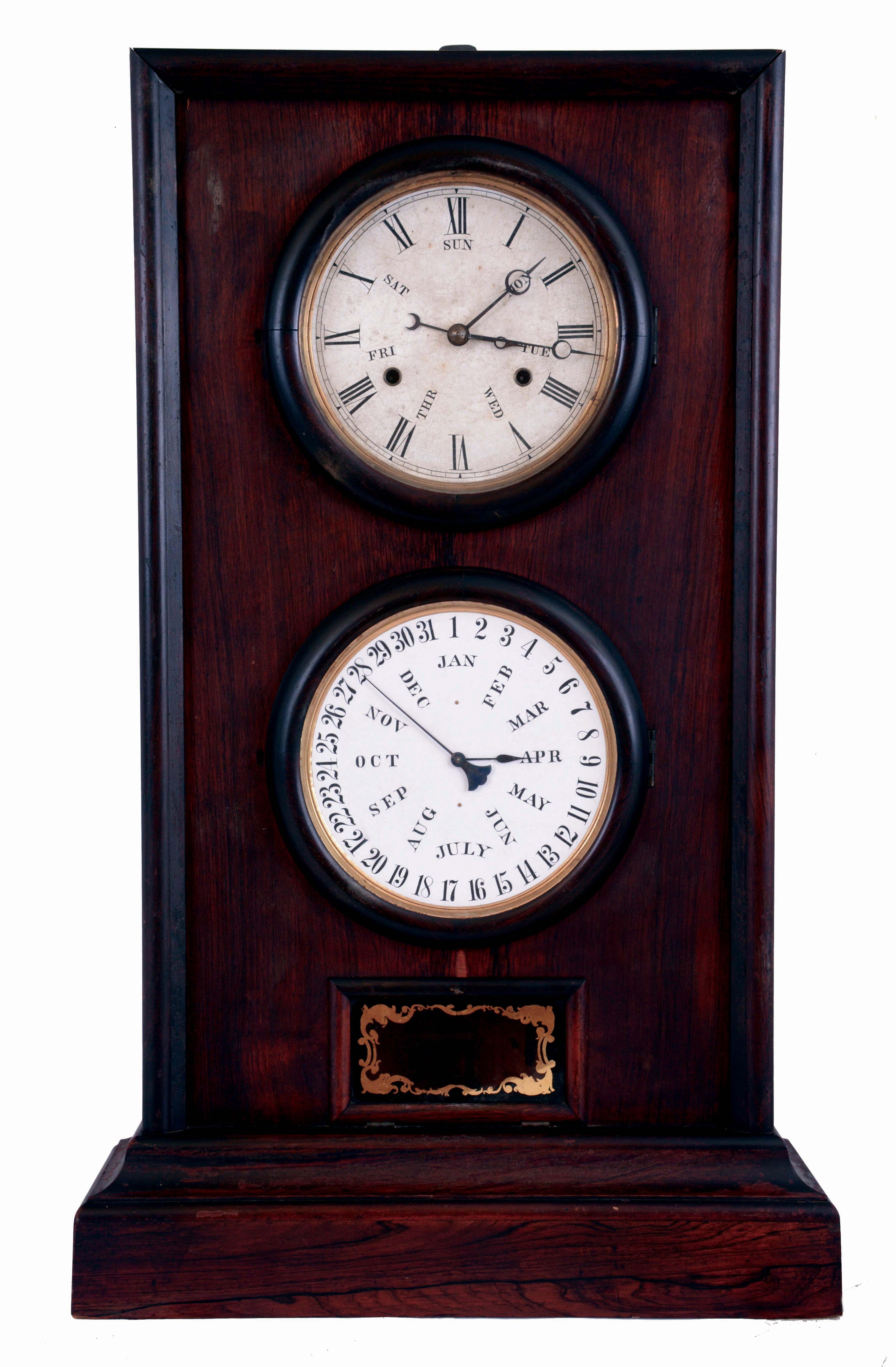 B.B. Lewis, Bristol, Conn., 8 days, time and strike weight driven brass movement double dial calendar shelf clock, c1868 — Antique Clocks Price Guide