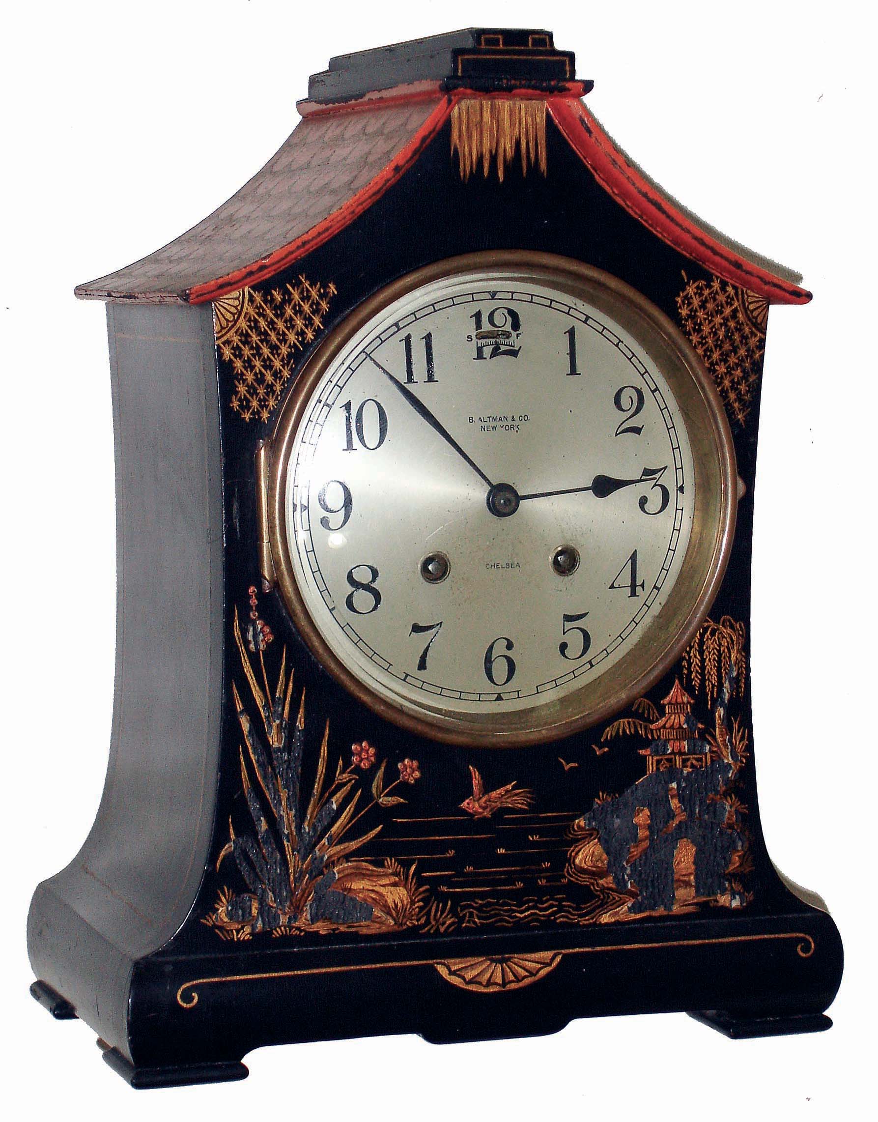 Chelsea Clock Co., Boston, Mass., for B. Altman &amp; Co., New York, NY, "Babro 43" chinoiserie painted wood, 8 days, time and house-strike mantel clock, 106822, 1916 — Antique Clocks Price Guide