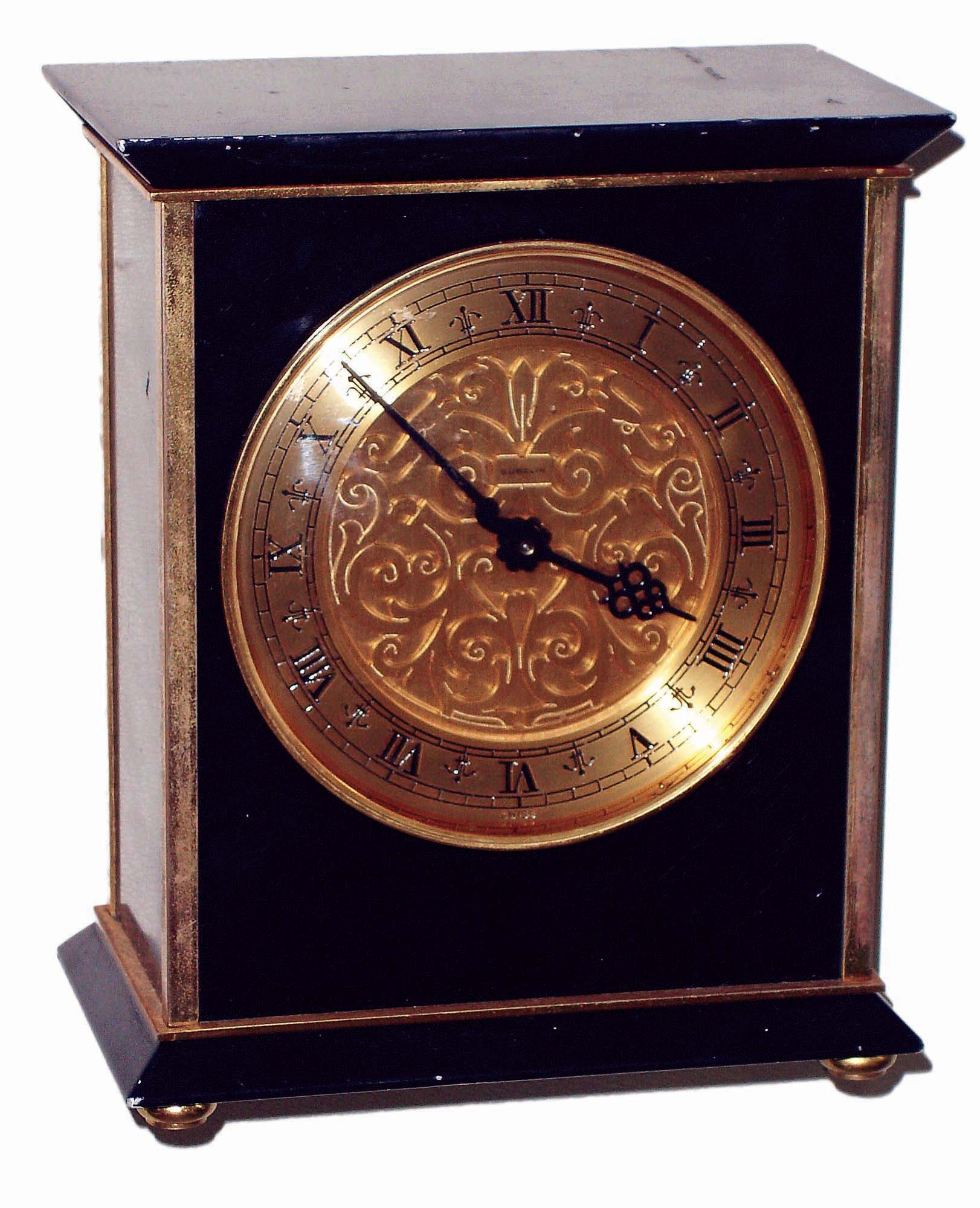Gubelin, Swiss, 8 days, time and strike, painted black and lacquered brass desk clock, c1970 — Antique Clocks Price Guide