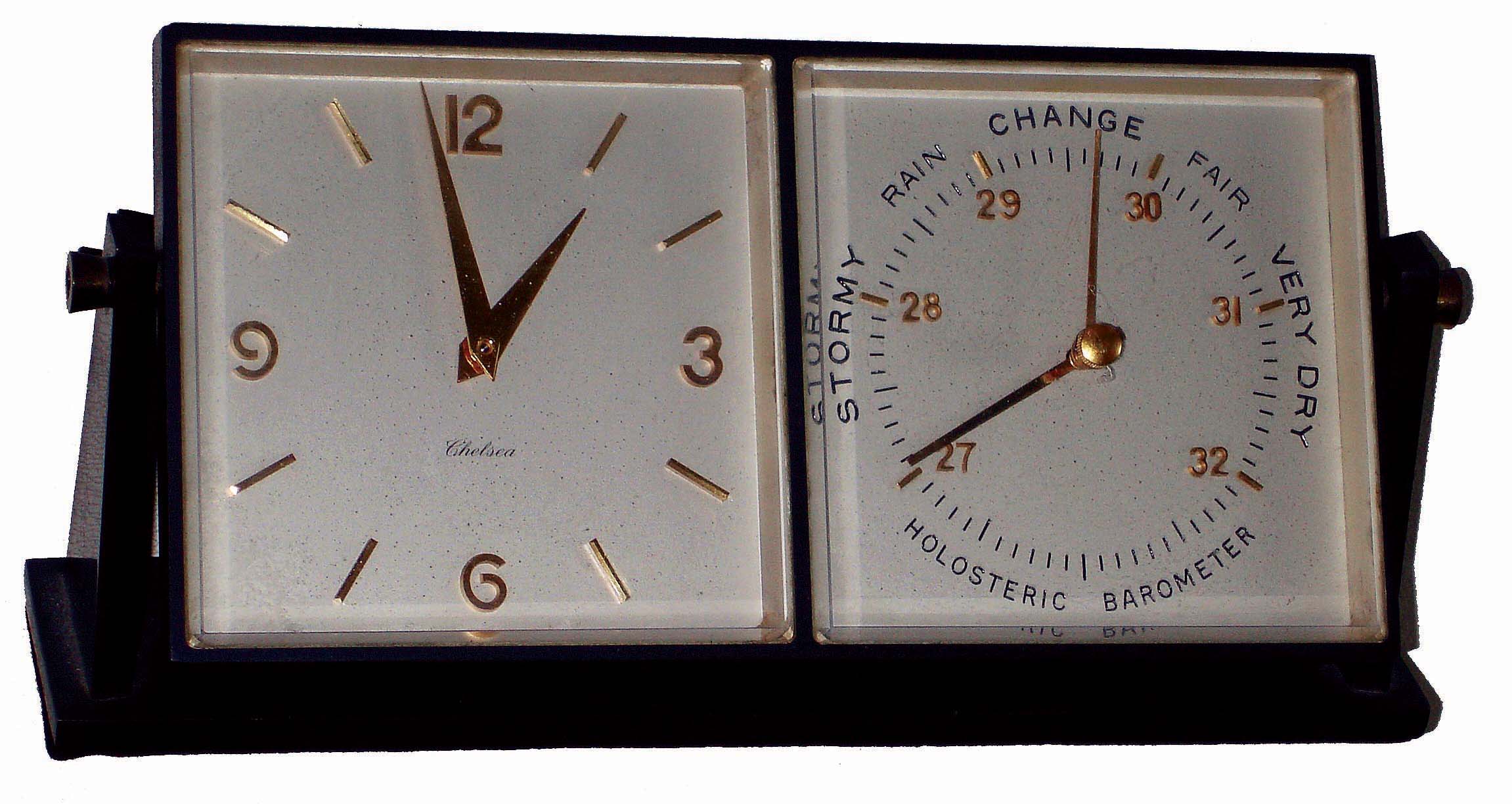 Chelsea Clock Co., Boston, Mass., "Embassy", bronze, 8 days, clock and barometer set, c1962 — Antique Clocks Price Guide