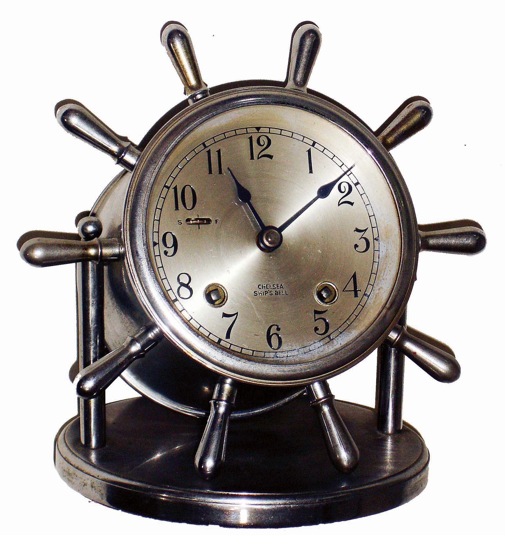 Chelsea Clock Co., Boston, Mass., "Vanderbilt" yacht wheel swivel head, 8 days, ship's bells desk clock, nickel finish, hinged bezel, #603751, c1955 — Antique Clocks Price Guide
