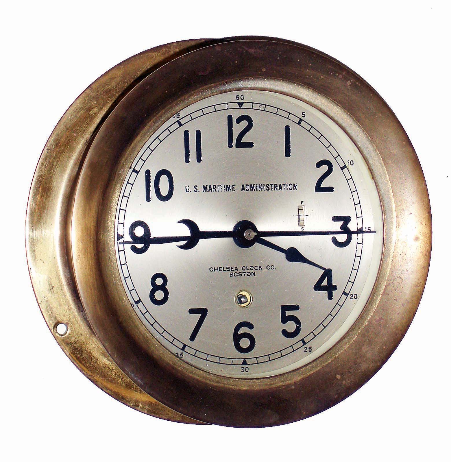 Chelsea Clock Co., Boston, Mass., for U.S. Maritime Administration, brass 5" dial, 8 days, time only marine clock #688336, screw bezel, center sweep seconds, c1960 — Antique Clocks Price Guide