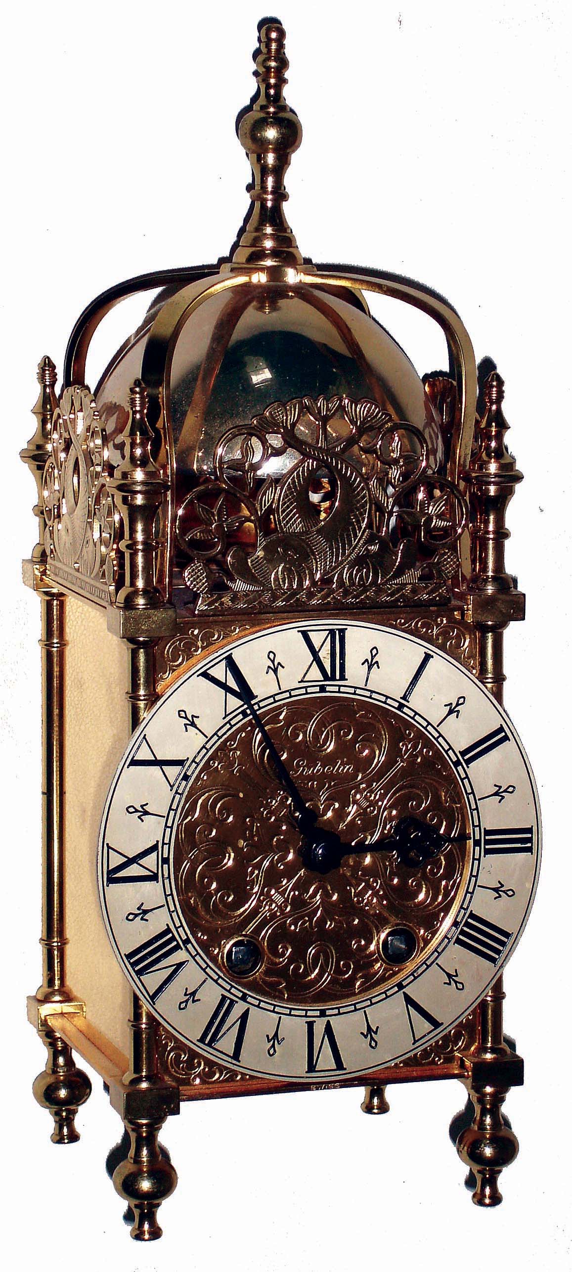 Gubelin, Swiss, lacquered brass, 8 days, time and strike, reproduction lantern clock, c1970 — Antique Clocks Price Guide