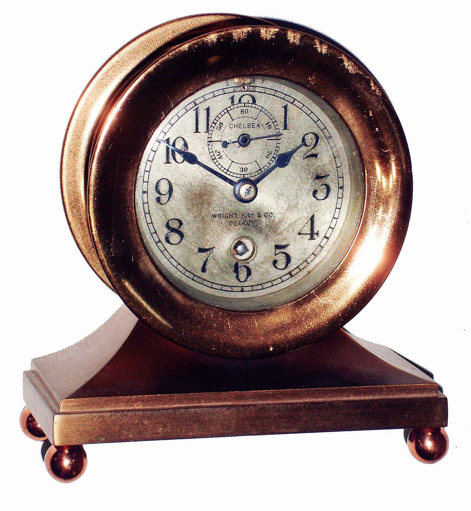 Chelsea Clock Co., Boston, Mass., for Wright, Kay &amp; Co., Detroit, "Commodore", 2 3/4" dial brass time only, 8 days, desk clock, #153371, 1923 — Antique Clocks Price Guide