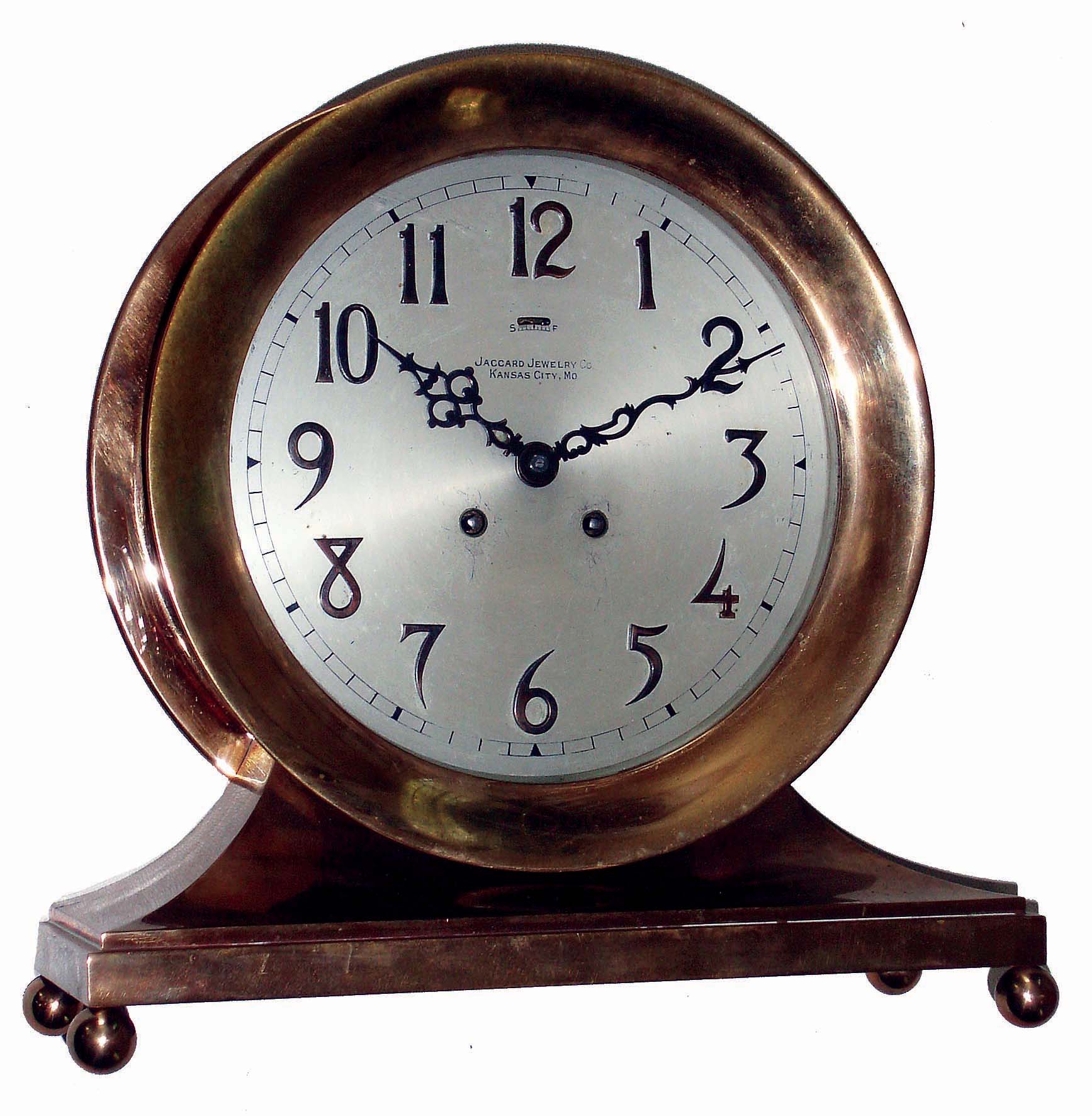 Chelsea Clock Co., Boston, Mass., 8 1/2" special dial "Commodore" or "Base and Ball" cast brass, 8 days mantel clock with house strike, sold by Jaccard Jewelry, Co., Kansas City, MO, 1913 — Antique Clocks Price Guide