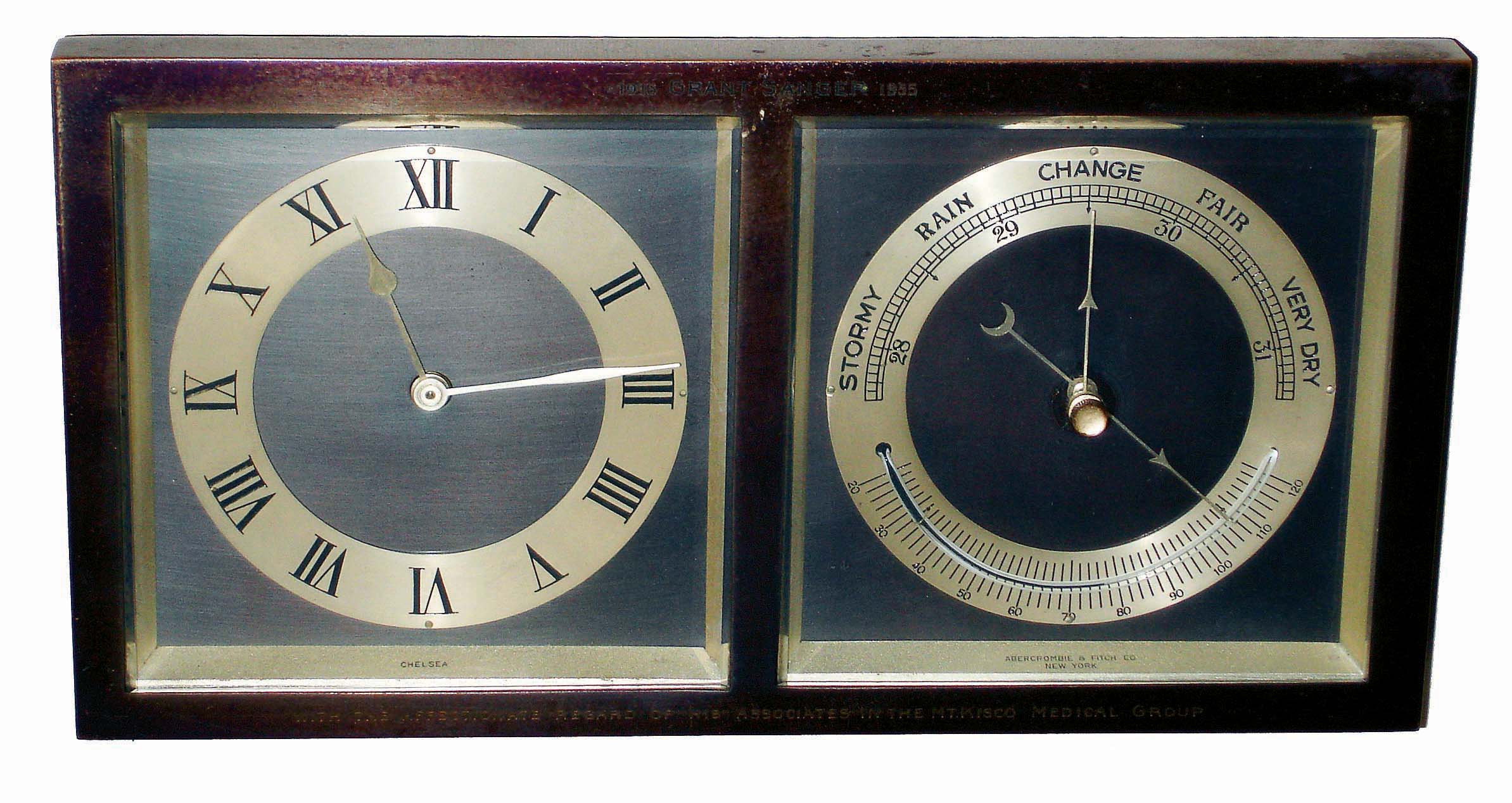 Chelsea Clock Co., Boston, Mass., for Abercrombie &amp; Fitch, New York, NY, "Erickson" bronze, 8 days, clock and barometer/thermometer desk set with rear strut, #599754, 1955 presentation from Mt. Kisco Medical Group. — Antique Clocks Price Guide
