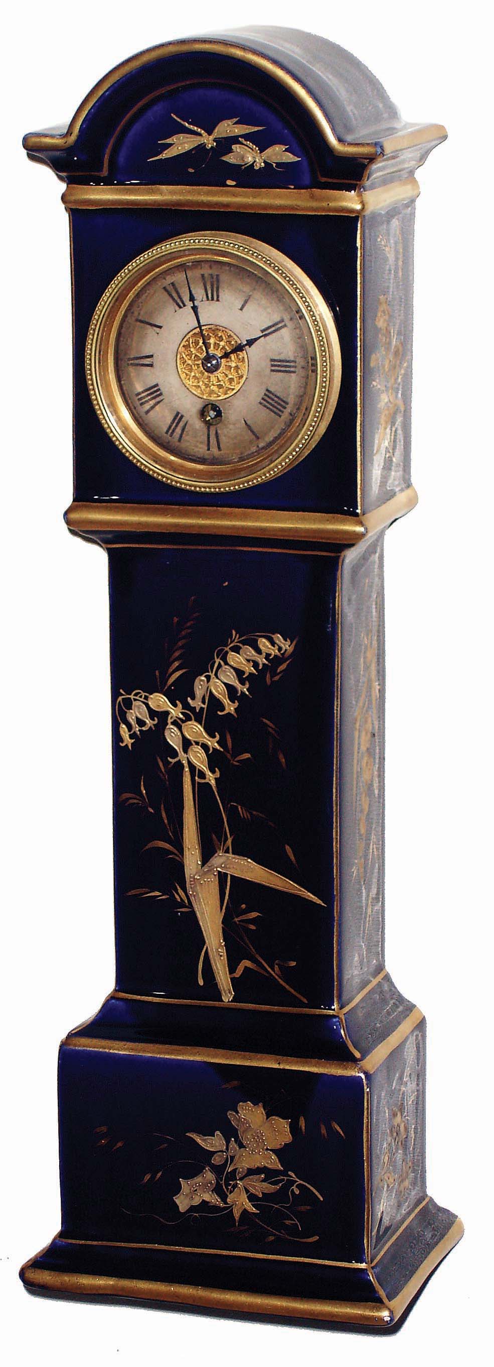 Unsigned, French, 8 days time only movement in porcelain miniature long case clock with later balance platform, c1910 — Antique Clocks Price Guide