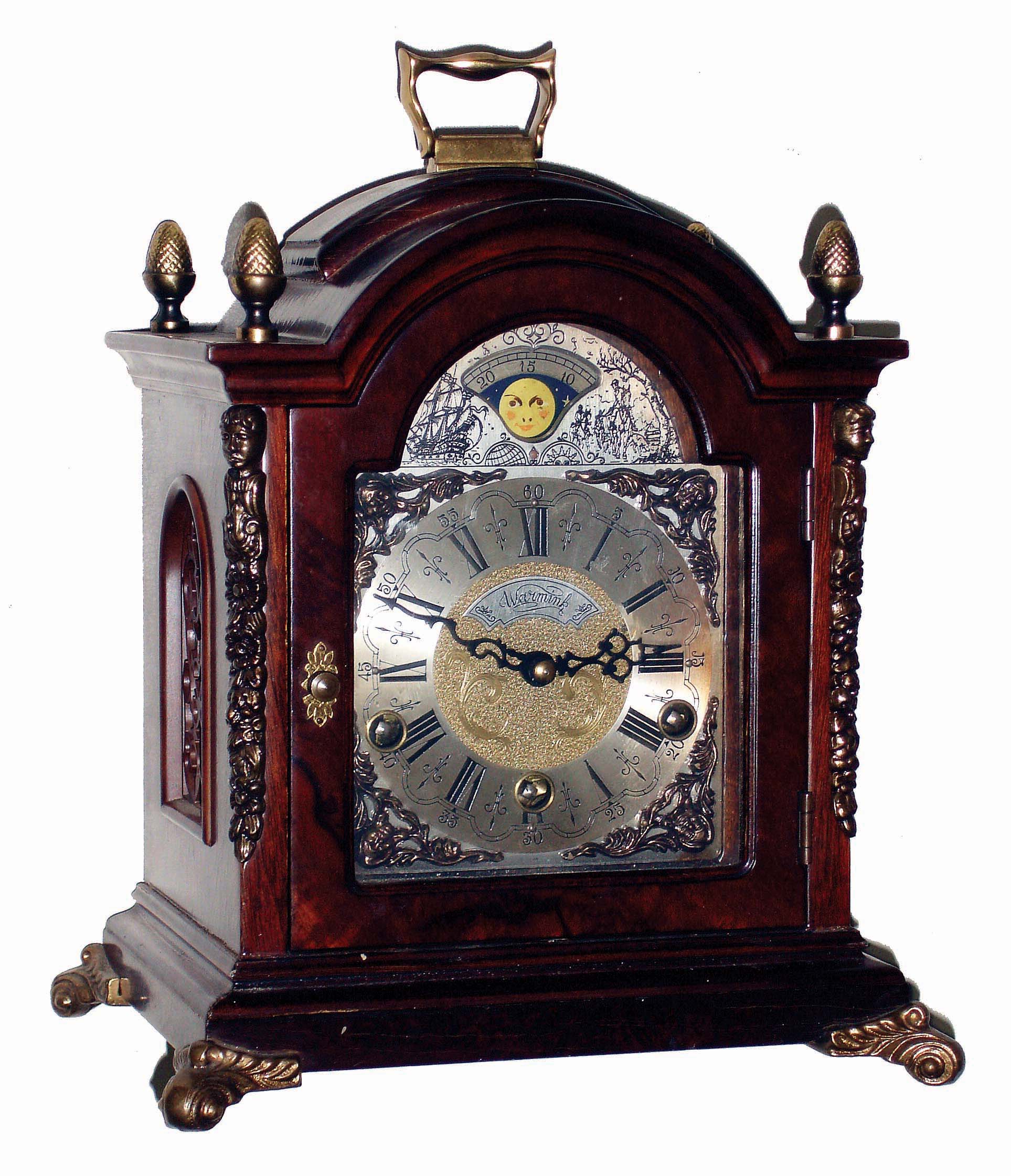 Warmink, Wuba, Netherlands, walnut reproduction, 8 days, platform escapement, quarter chiming bracket clock with moon phase dial, late 20th century — Antique Clocks Price Guide