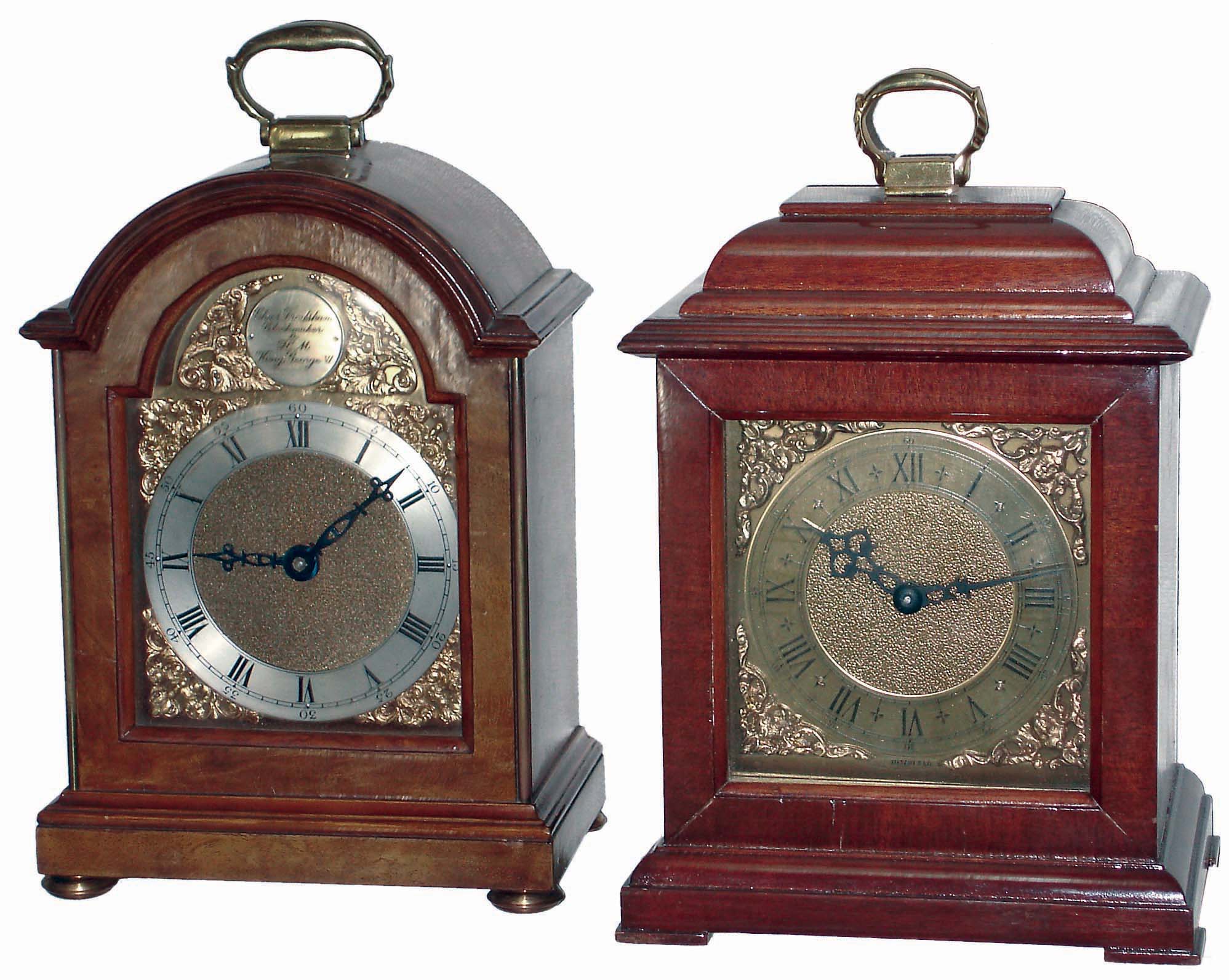Clocks- 2 (Two) small, 8 days, time only mahogany and burled walnut English bracket clocks; one by Charles Frodsham, one by Rotherham, jeweled balance platform escapements. Mid 20th century — Antique Clocks Price Guide
