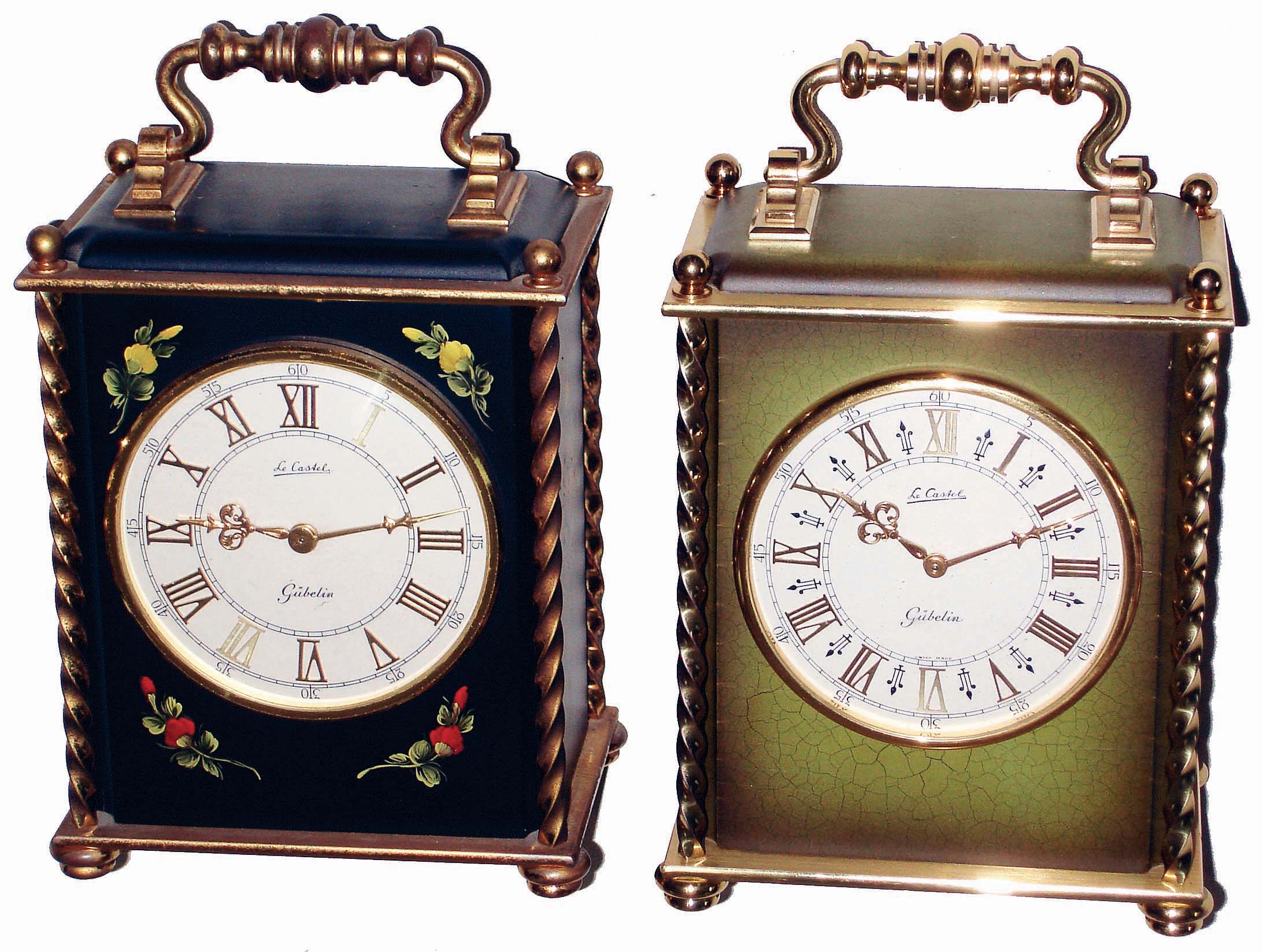 Clocks- 2 (Two) Gubelin Swiss "Le Castel", 8 days, time and strike, brass and hand-painted wood mantel clocks, mid 20th century — Antique Clocks Price Guide