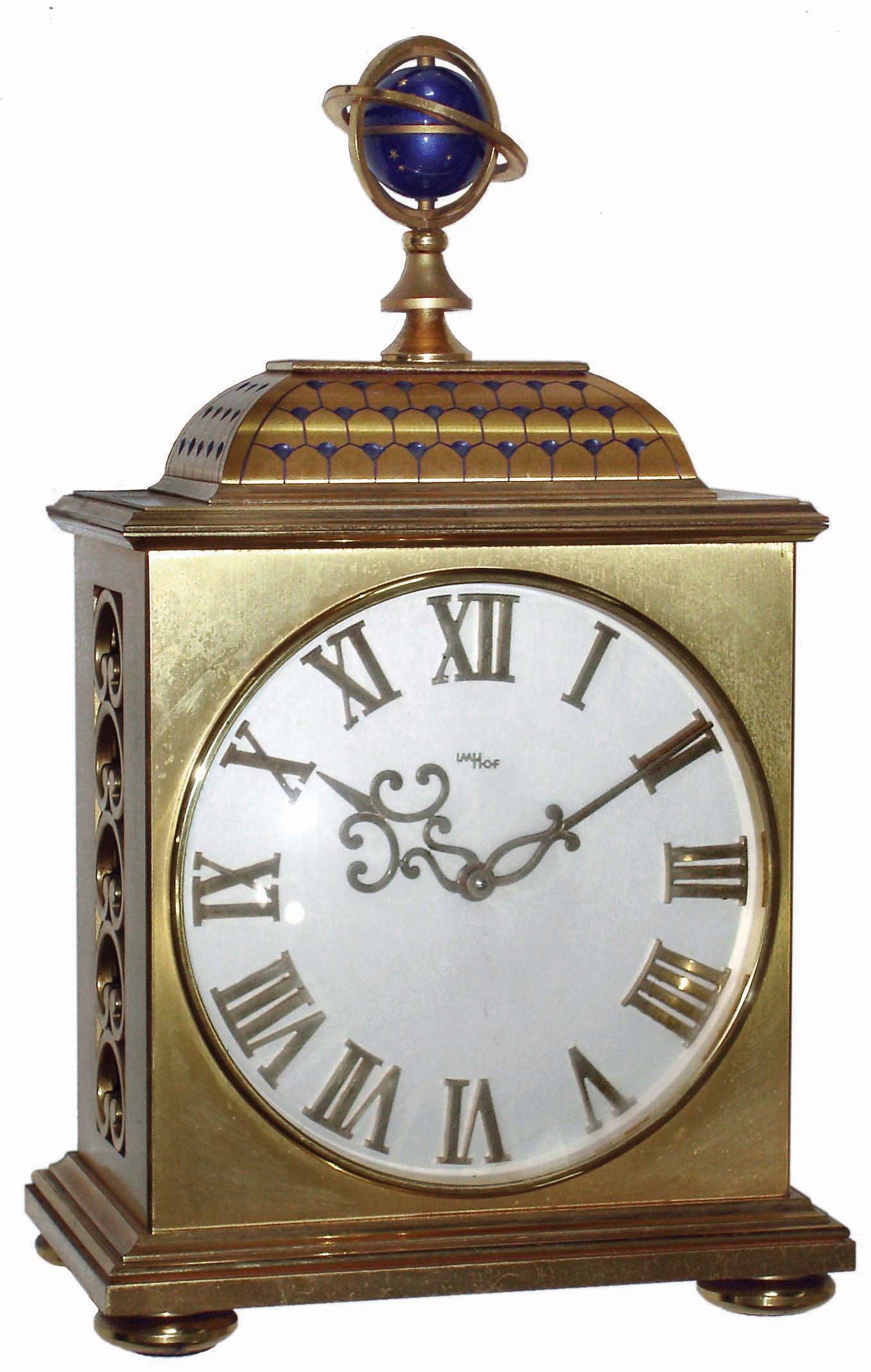 Imhof, Swiss, 8 days, time only brass desk clock with top celestial globe, c1972 — Antique Clocks Price Guide