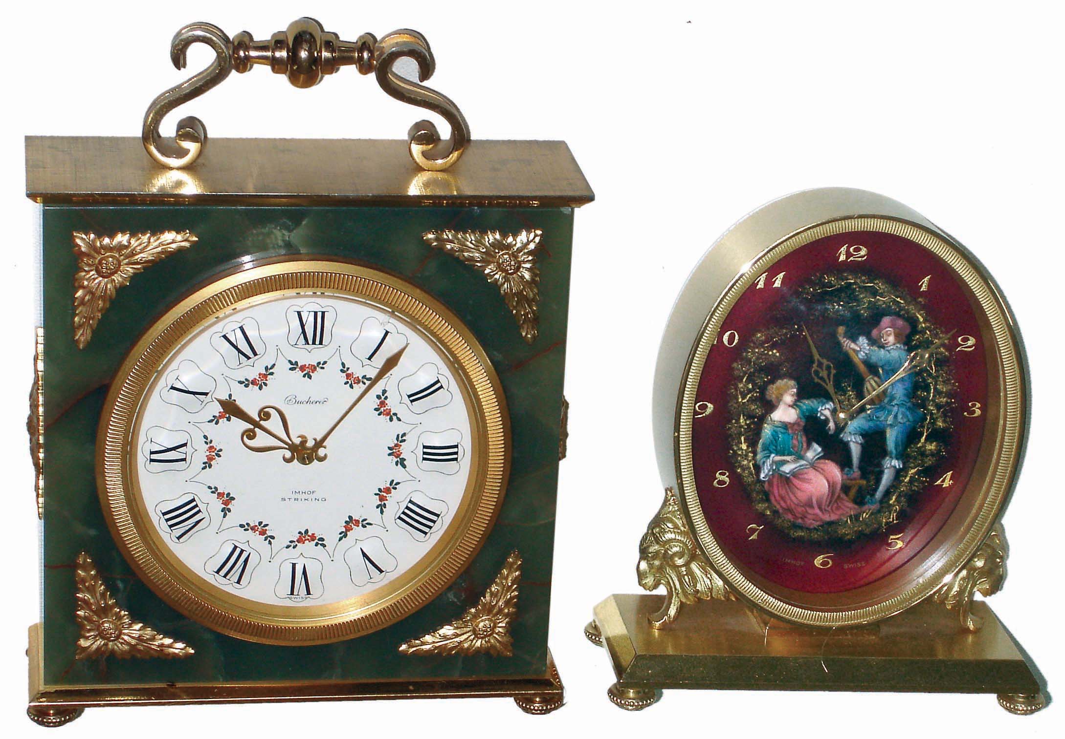 Clocks- 2 (Two) Imhof Swiss, 8 days, brass and glass desk clocks; larger with green onyx also is striking; mid 20th century — Antique Clocks Price Guide