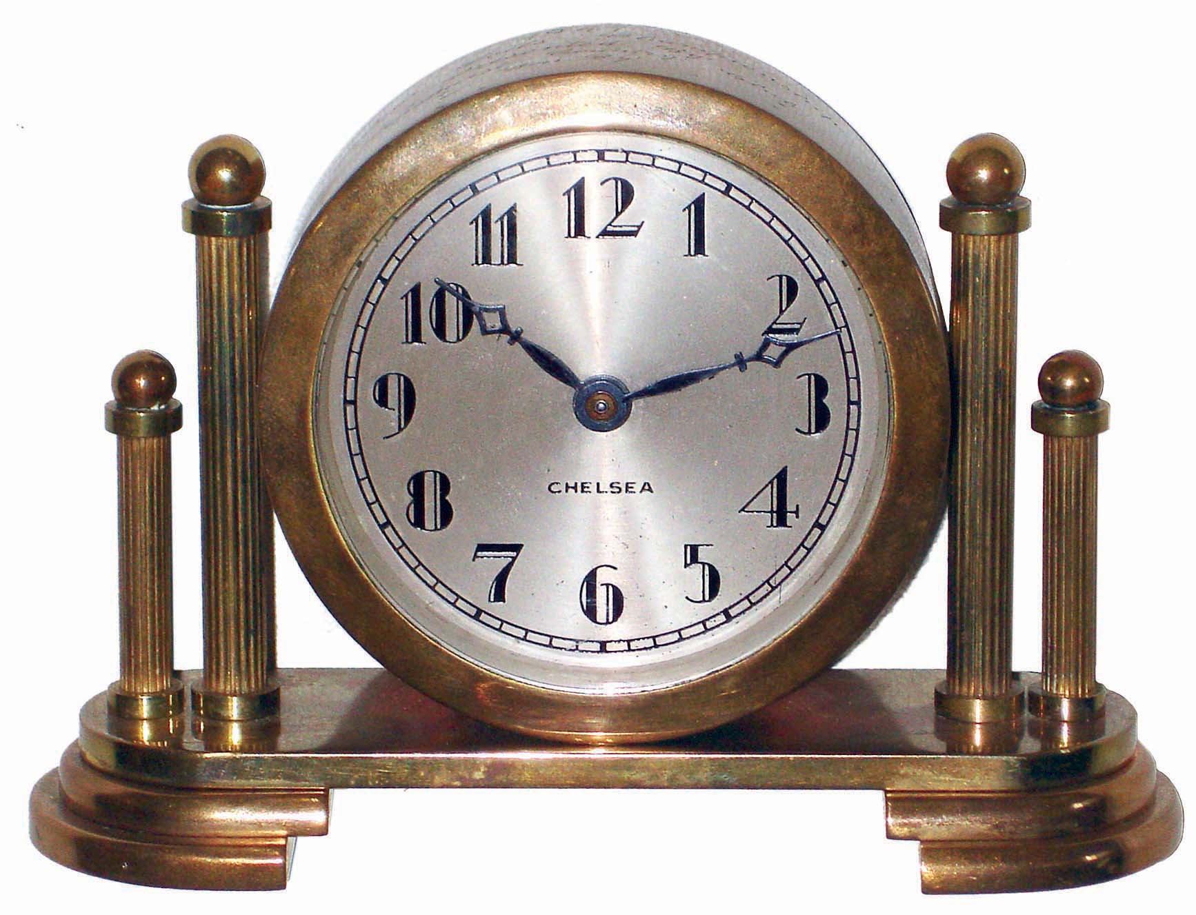 Chelsea Clock Co., Boston, Mass., "Miss Doris", brass, 8 days, time only rear wind desk clock, 2 3/4" dial, No. 269109 (scribed on bottom), 1940, with 1941 dedication "Silver Foils Championship Presented by Pinehurst Country Club Won by ...." — Antique Clocks Price Guide